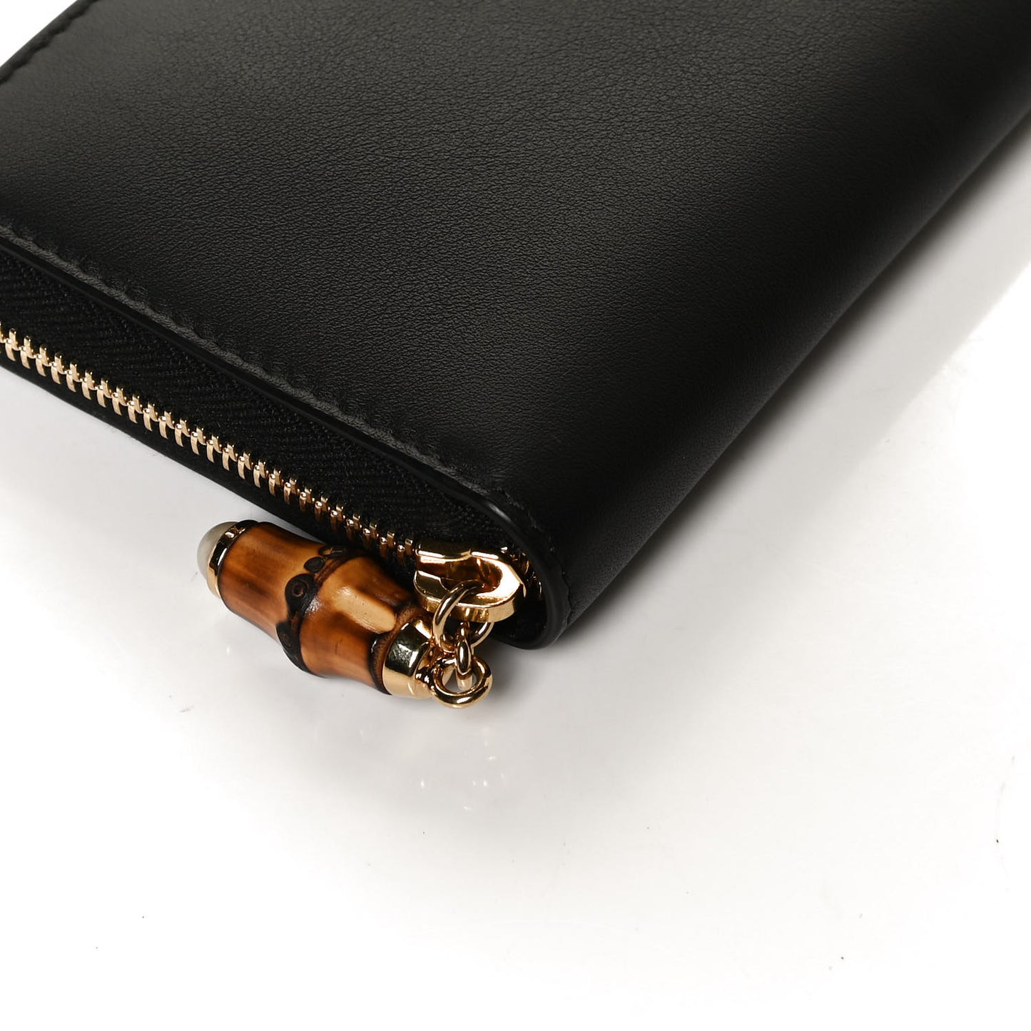 Calfskin Bamboo Round Zip Long Wallet Black