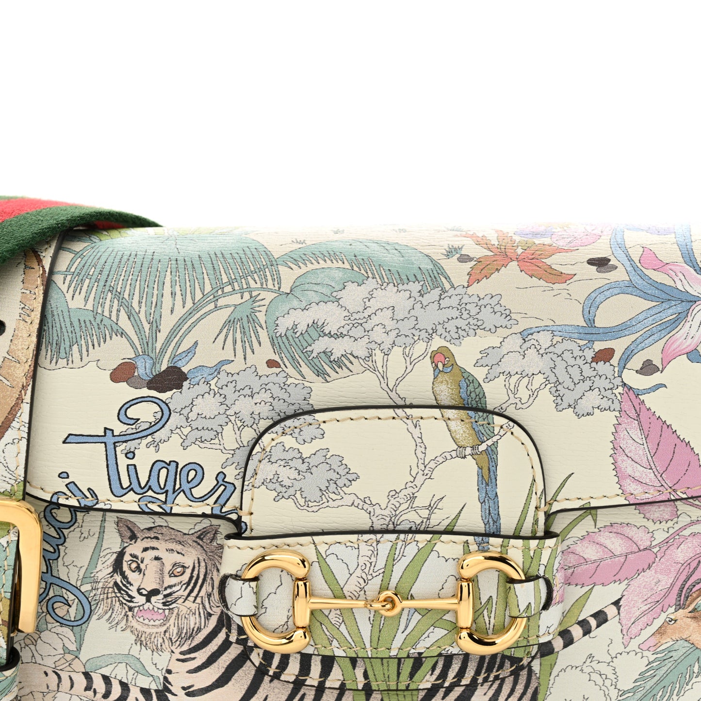 New Shangai Calfskin Tiger Savanah Web Mini Horsebit 1955 Shoulder Bag Chalky White Multicolor