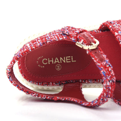 Chanel Tweed Pearl Flat Sandals 36.5 Red 8 of 10