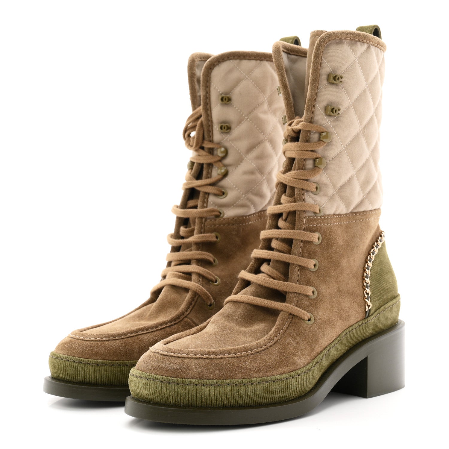 Chanel Suede Calfskin Cotton Quilted CC Chain Combat Boots 38 Light Grey Brown Khaki 4 of 10