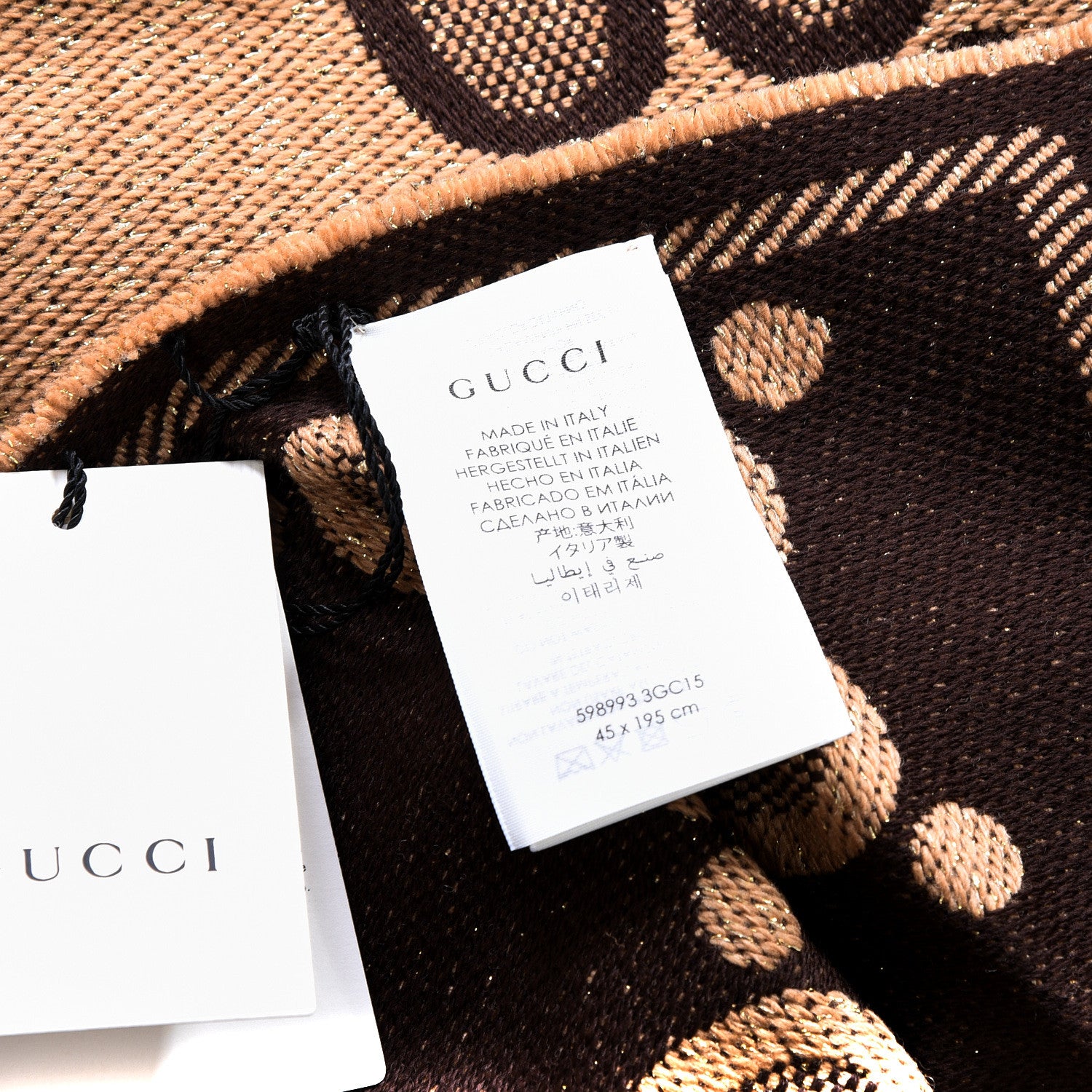 Gucci Wool Lame Jacquard Monogram Jumbo GG Lady Nest Lux Scarf Beige Dark Brown 4 of 4