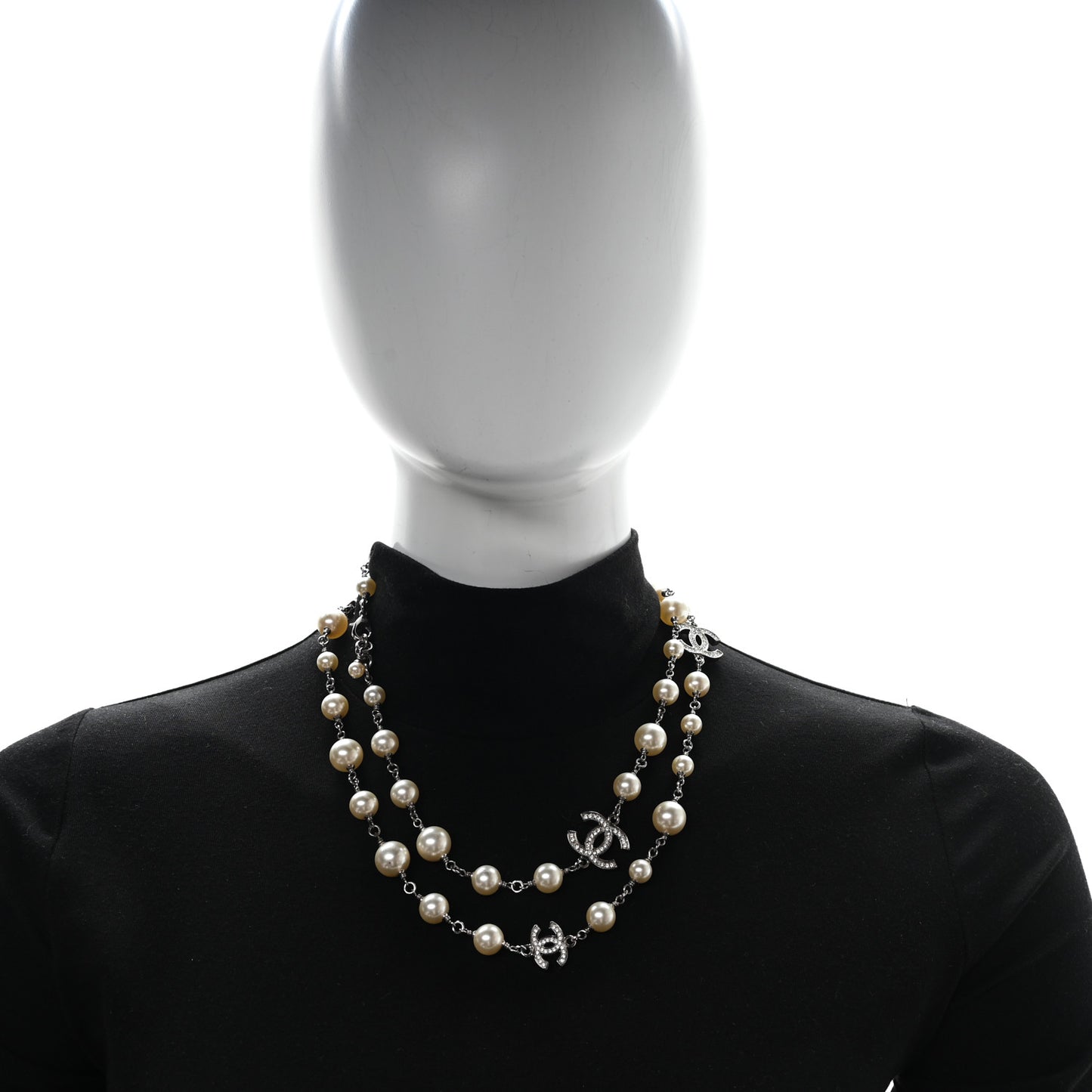 Graduated Pearl Crystal CC Long Necklace Silver