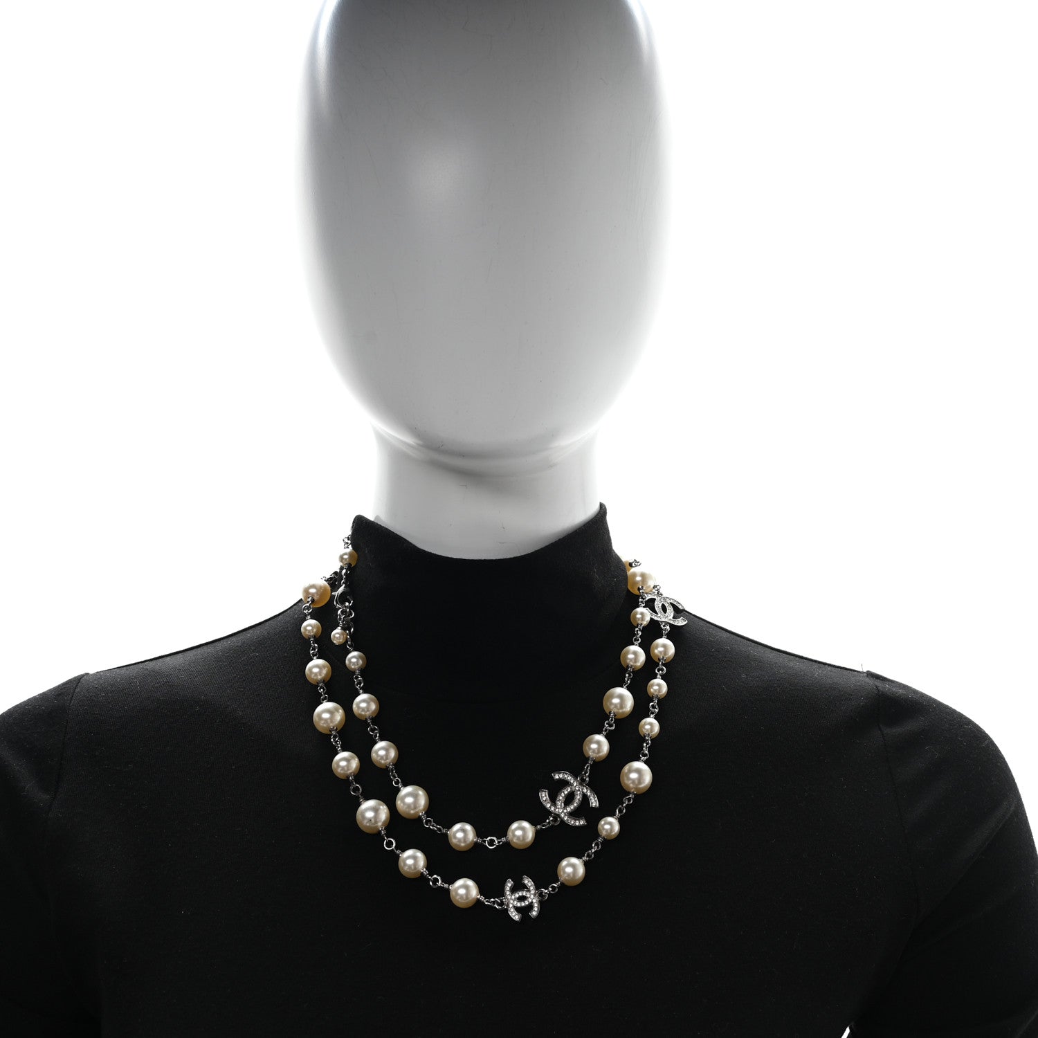 Chanel Graduated Pearl Crystal CC Long Necklace Silver 2 of 5