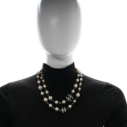 Chanel Graduated Pearl Crystal CC Long Necklace Silver 2 of 5