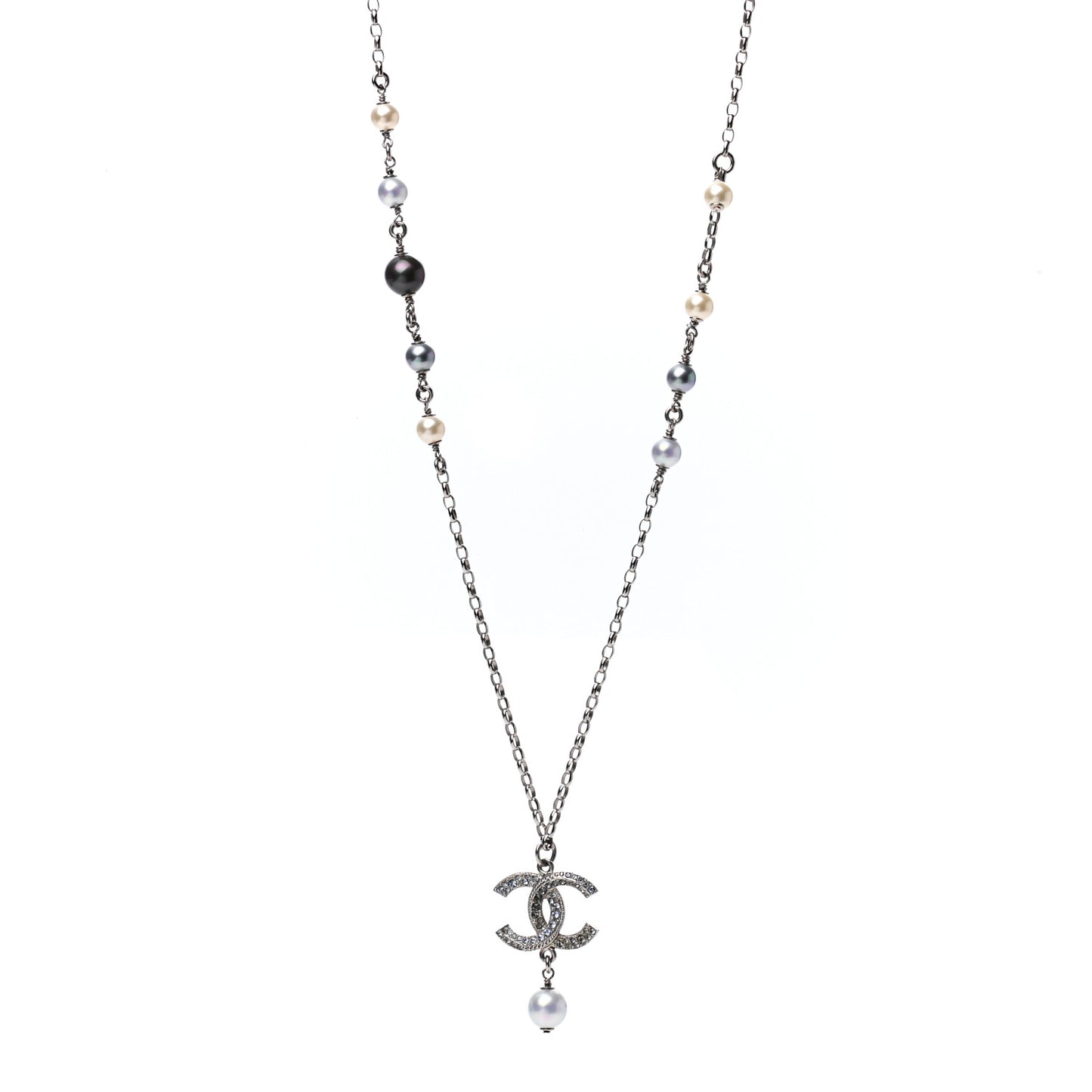 Crystal Pearl Twisted CC Drop Necklace Silver