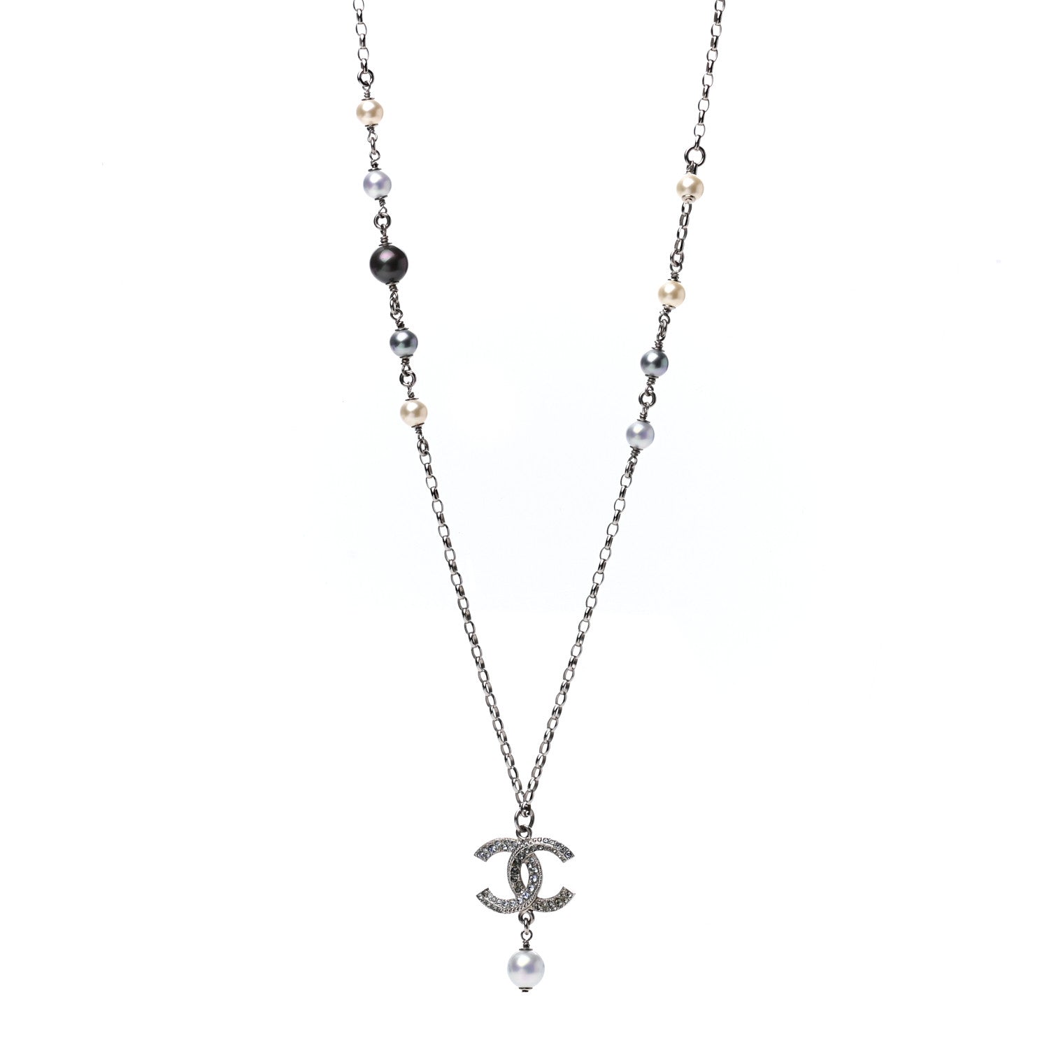 Chanel Crystal Pearl Twisted CC Drop Necklace Silver 1 of 5