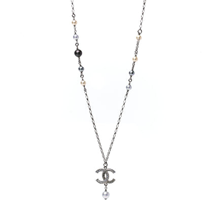Chanel Crystal Pearl Twisted CC Drop Necklace Silver 1 of 5