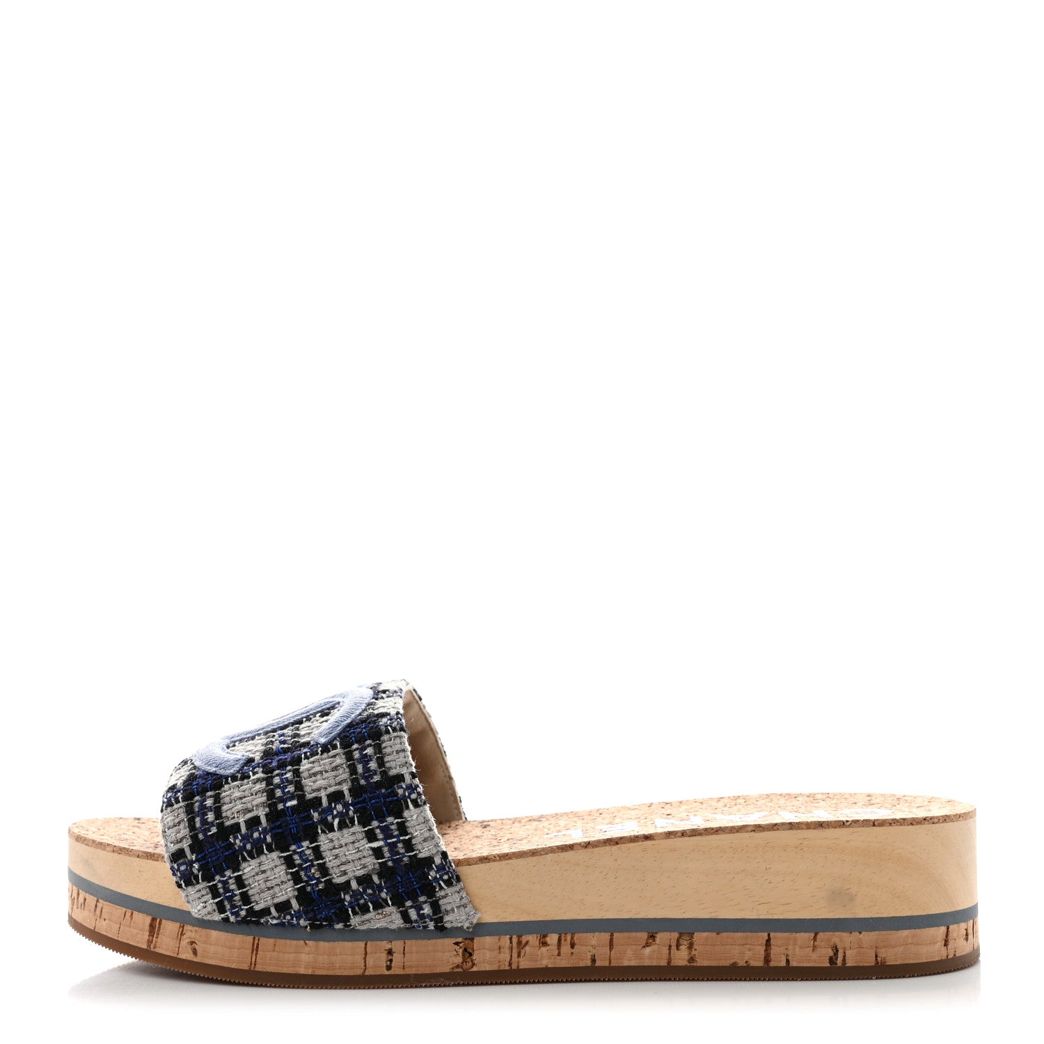 Chanel Tweed Mixed Fibers Cork CC Mule Sandal 40 Navy Blue White Blue 1 of 7