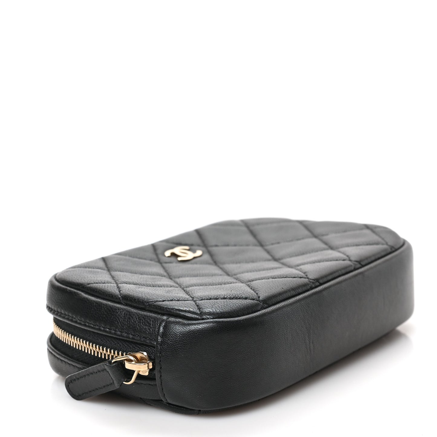 Lambskin Quilted Small Curvy Pouch Cosmetic Case Black