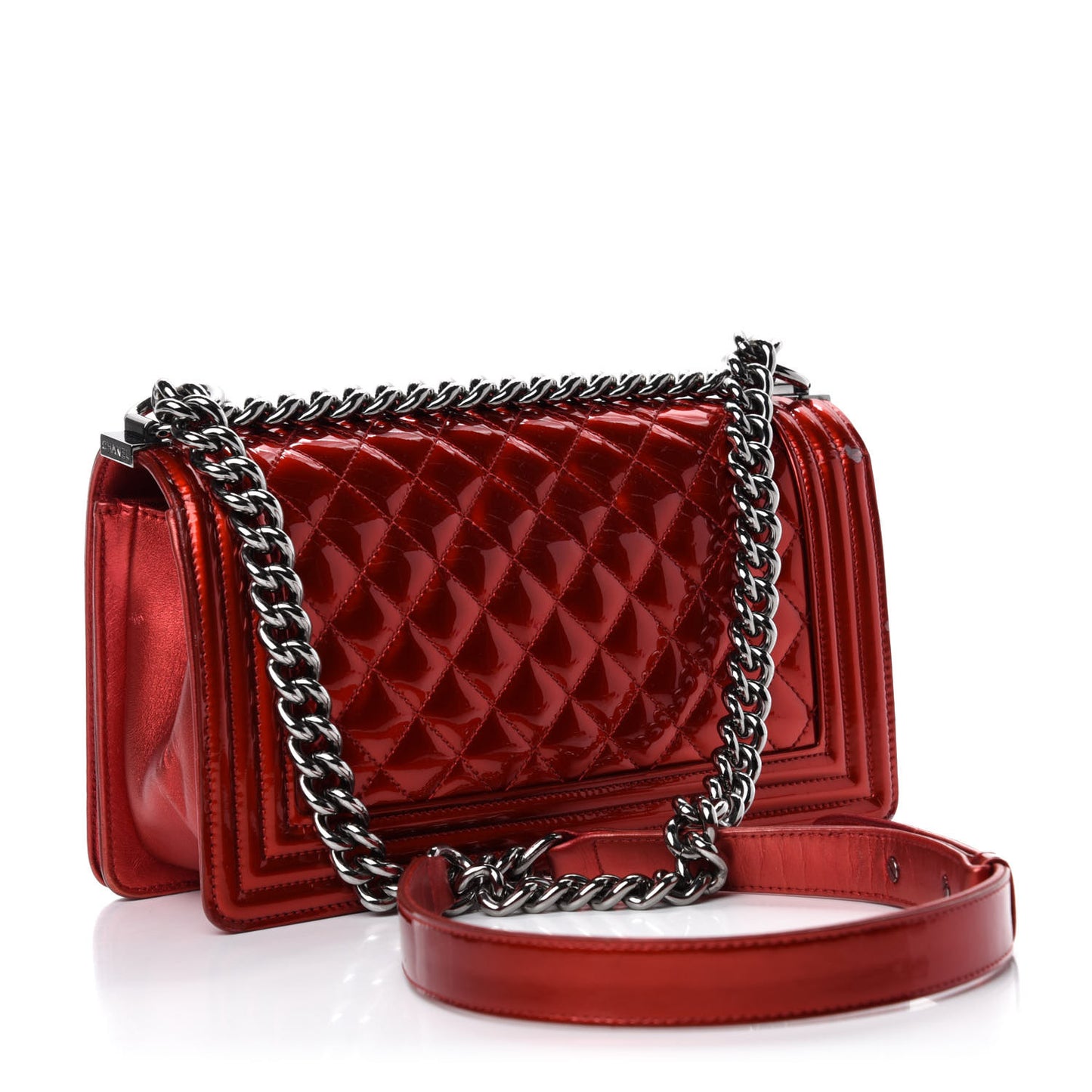 Metallic Patent Calfskin Quilted Medium Boy Flap Red
