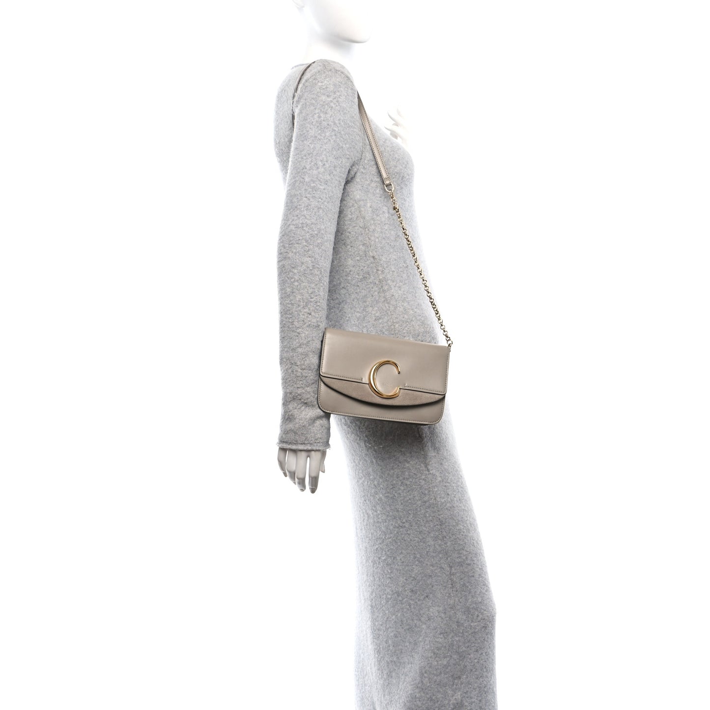 Calfskin Suede C Clutch With Chain Motty Grey