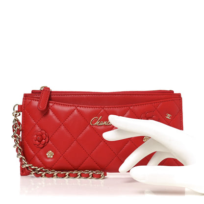 Chanel Lambskin Quilted Camellia CC Charm Wristlet Wallet Red 2 of 8