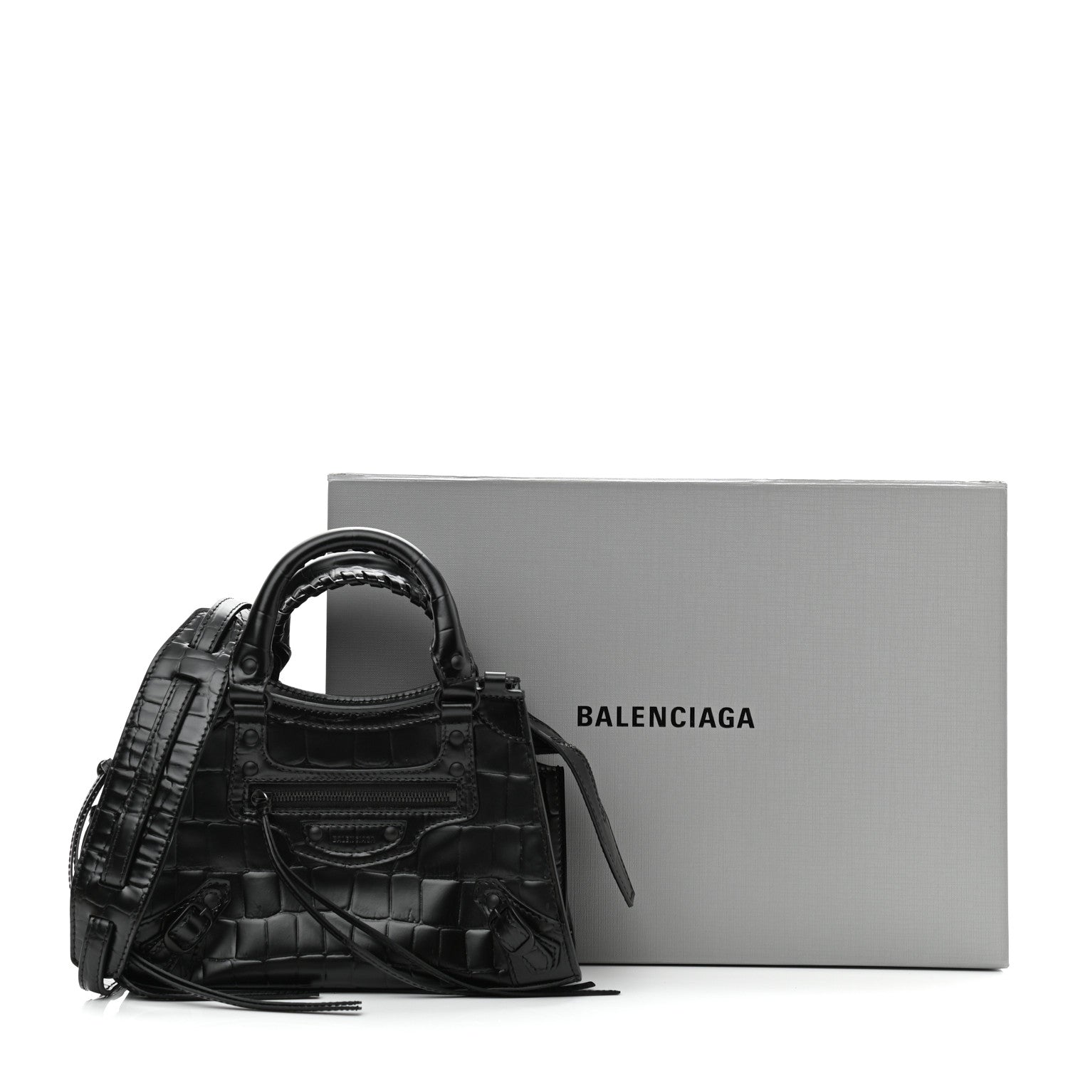 Balenciaga Semi Shiny Calfskin Crocodile Embossed Neo Classic Black Hardware Mini City Black 10 of 10