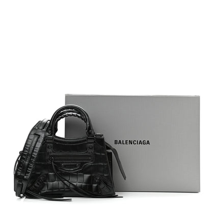 Balenciaga Semi Shiny Calfskin Crocodile Embossed Neo Classic Black Hardware Mini City Black 10 of 10