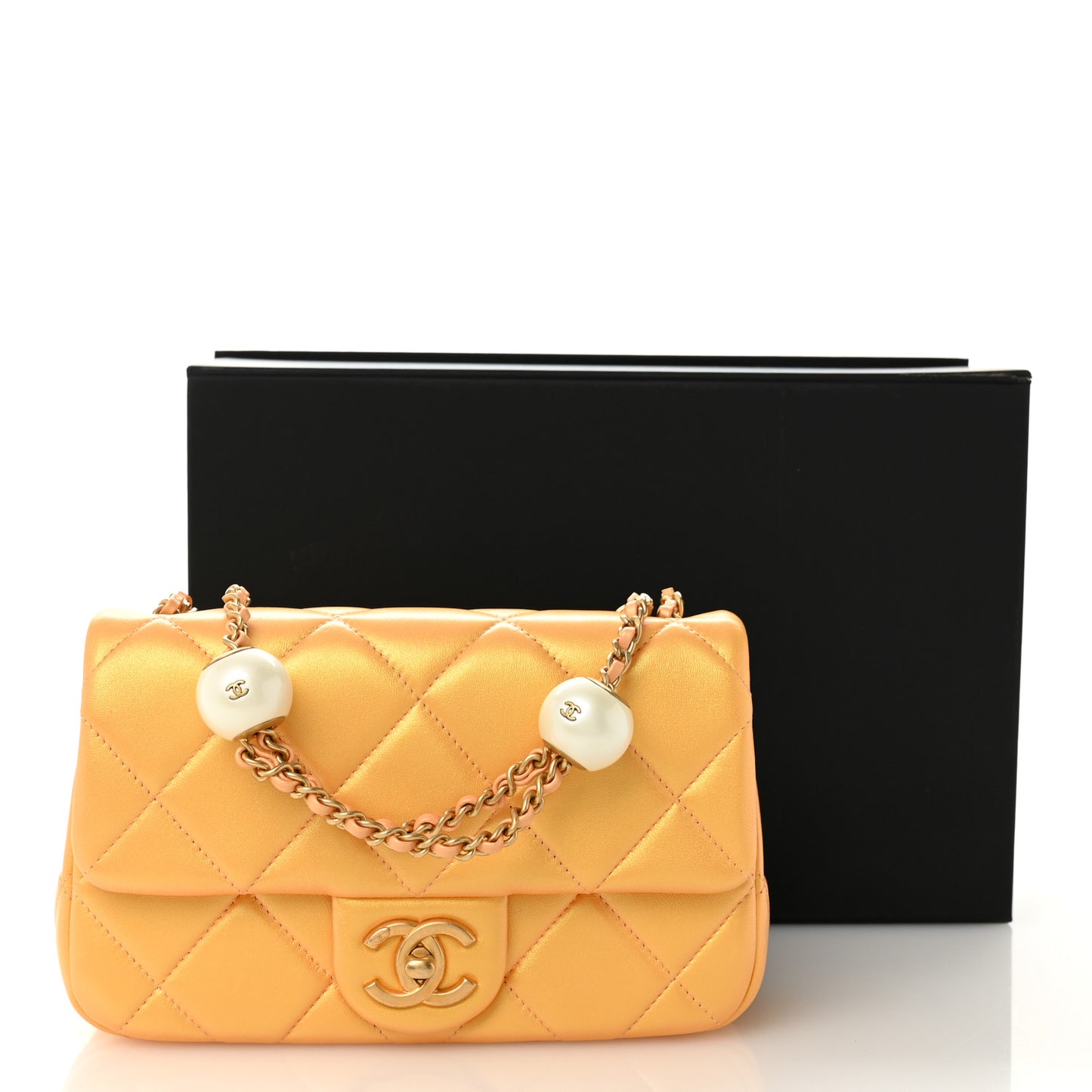Pearly Lambskin Quilted Pearl Small Flap Orange