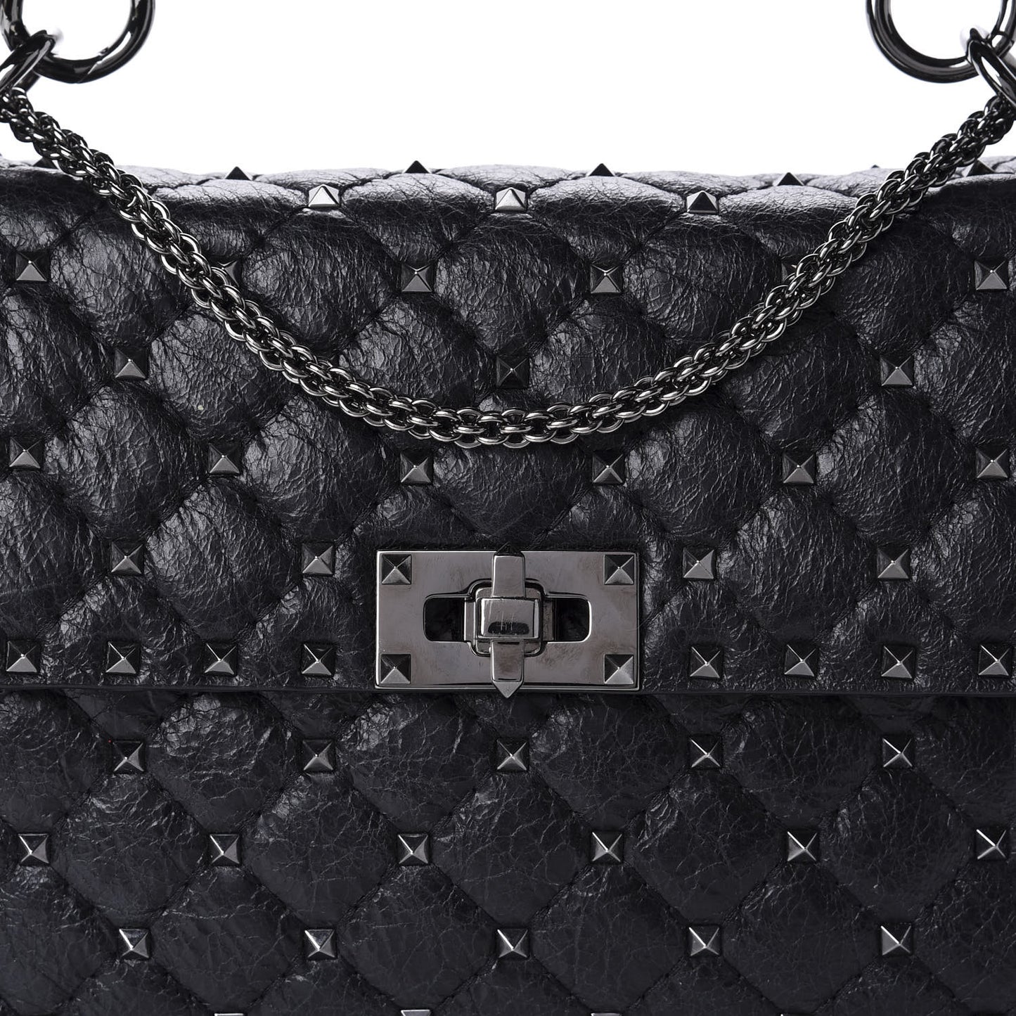 Craquele Nappa Medium Rockstud Spike Shoulder Bag Black