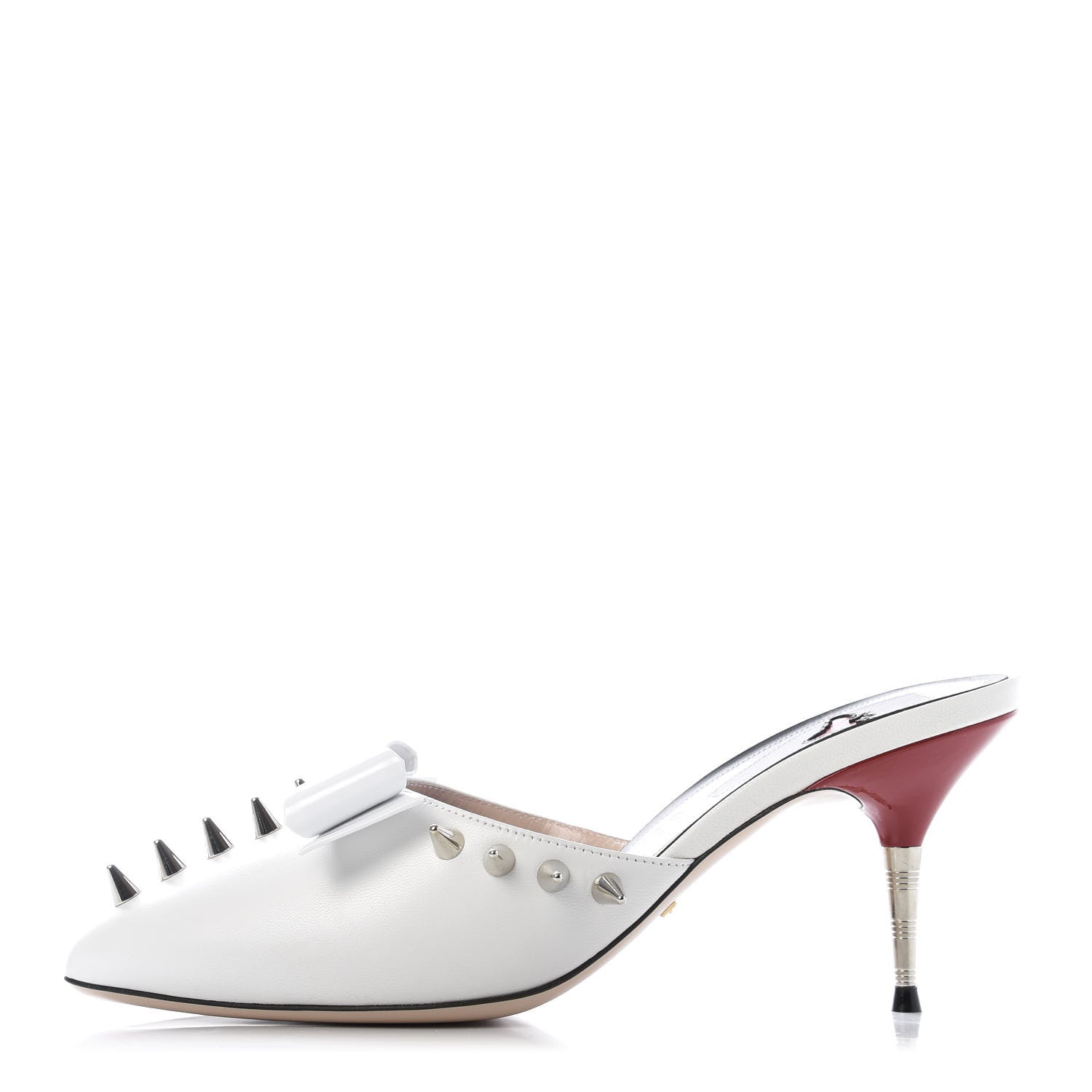 Gucci Patent GG Bow Sadie Spike Mid Heel Mules 38.5 White 1 of 9