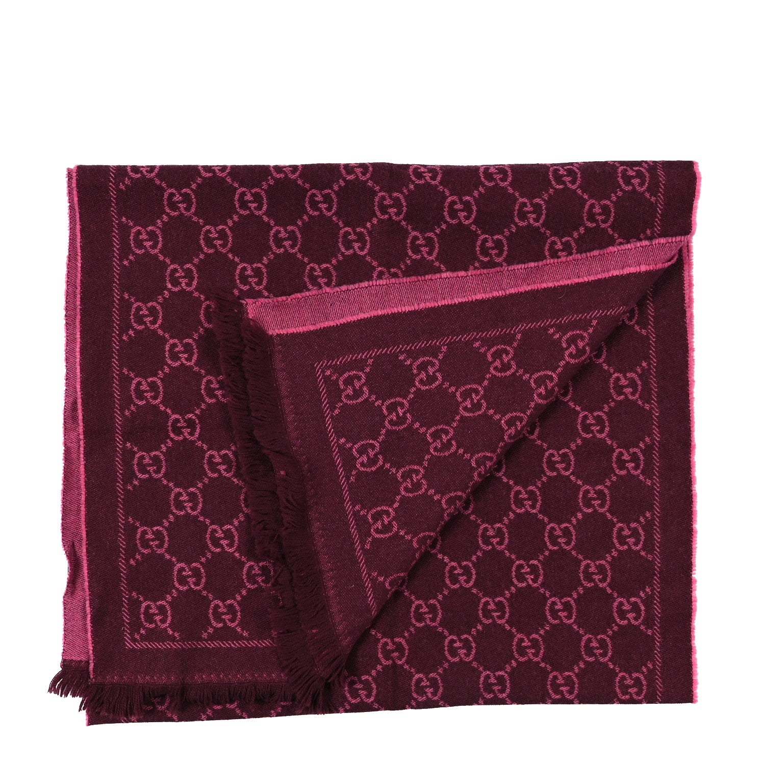 Gucci Wool Jacquard GG Monogram Sten Fringe Scarf Magenta Bordeaux 2 of 3