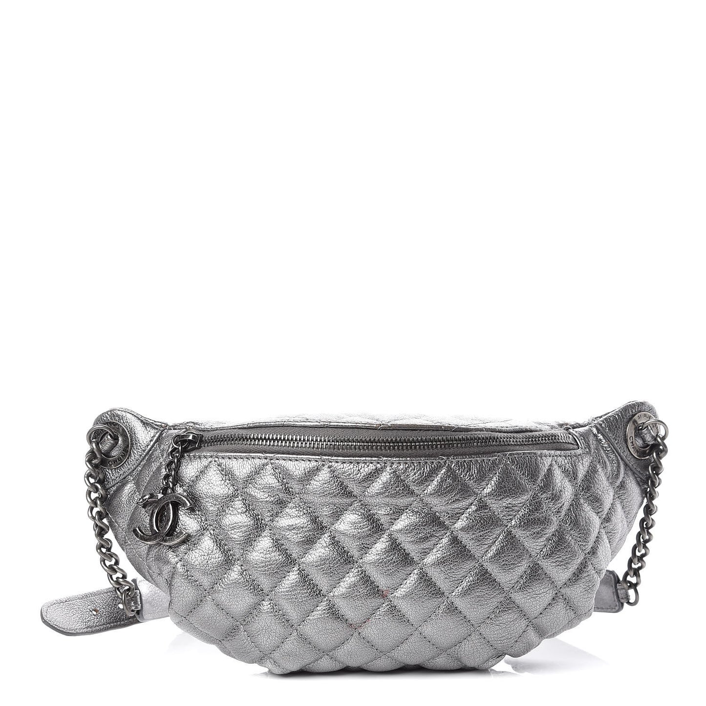Metallic Goatskin Quilted Banane Waist Bag Fanny Pack Silver