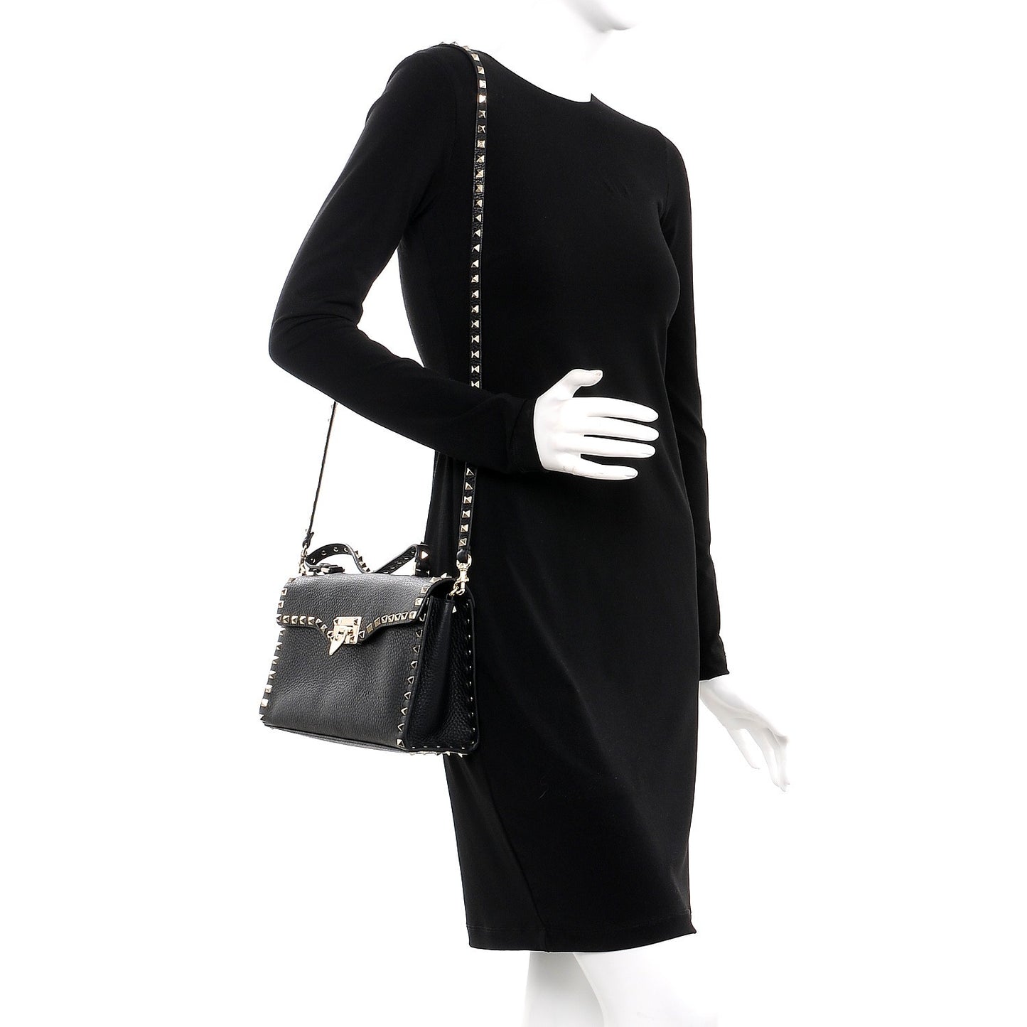 Pebbled Calfskin Small Rockstud Single Handle Flap Bag Black