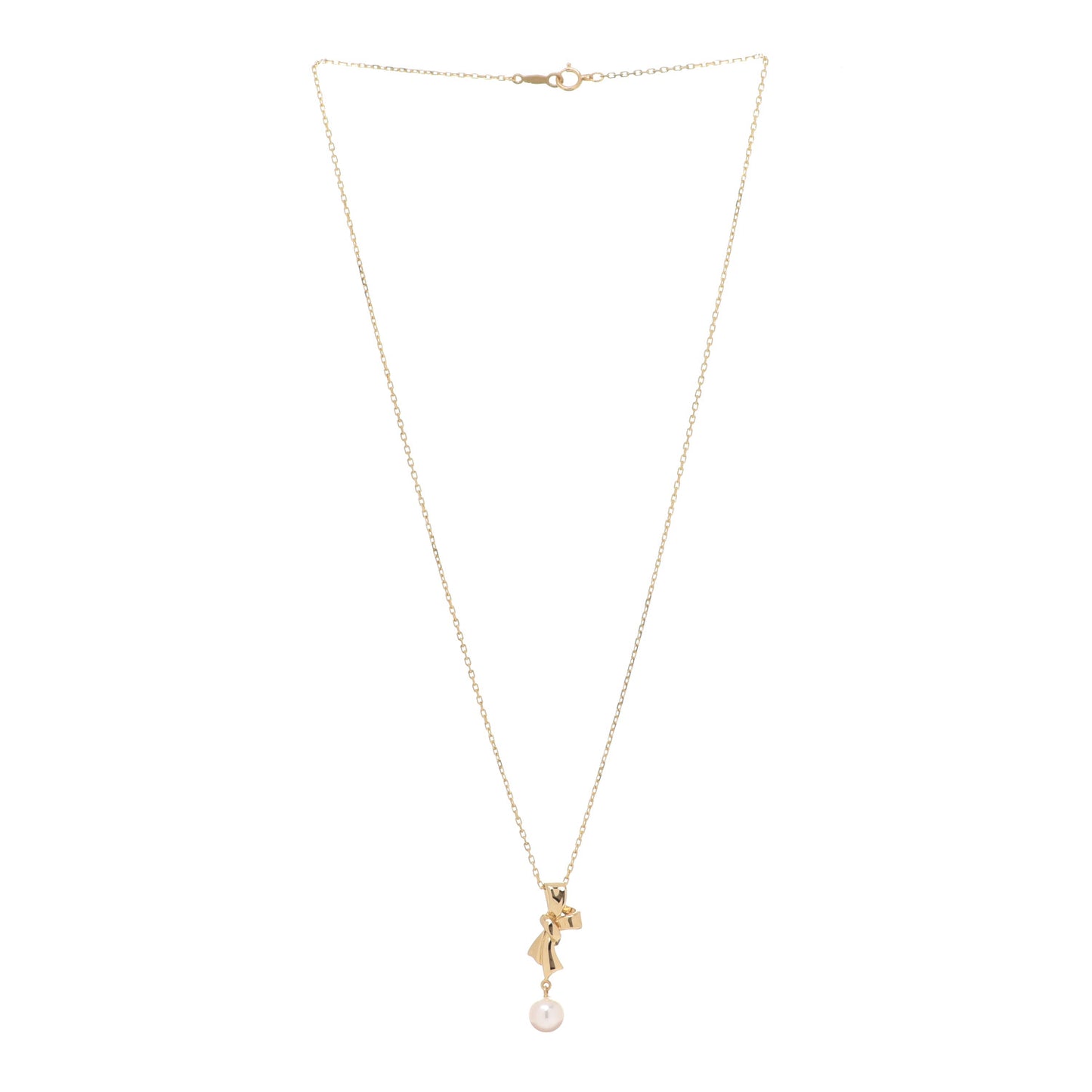 18K Yellow Gold Pearl 6mm Bow Drop Pendant Necklace