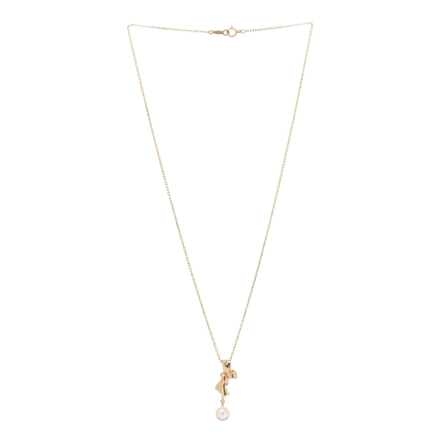 Mikimoto 18K Yellow Gold Pearl 6mm Bow Drop Pendant Necklace 3 of 7