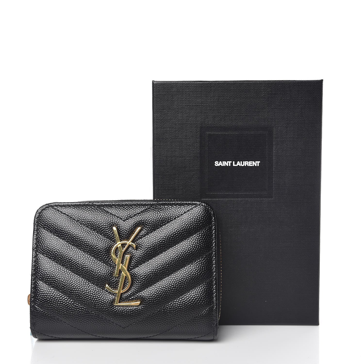 Saint Laurent Grain De Poudre Matelasse Chevron Monogram Compact Zip Around Wallet Black 8 of 8