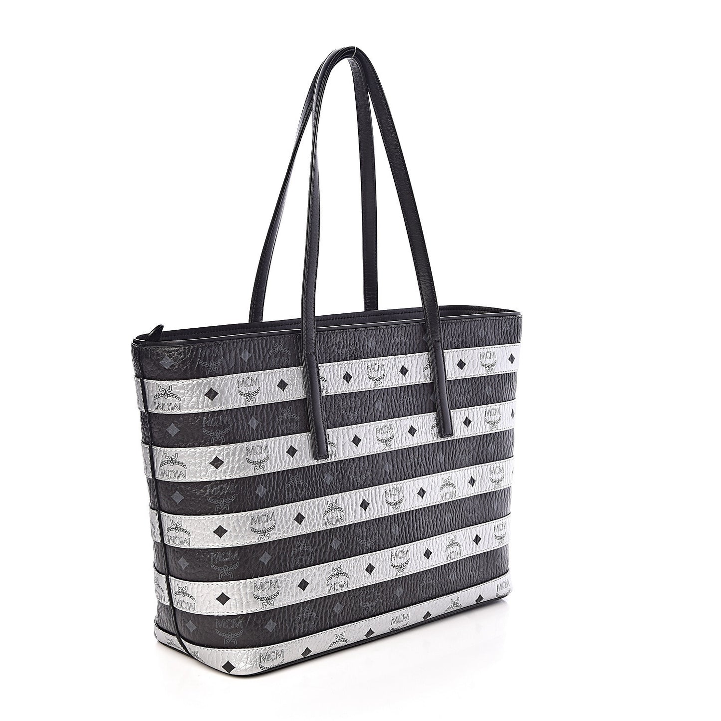 Metallic Visetos Striped Medium Anya Shopper Tote Black Silver