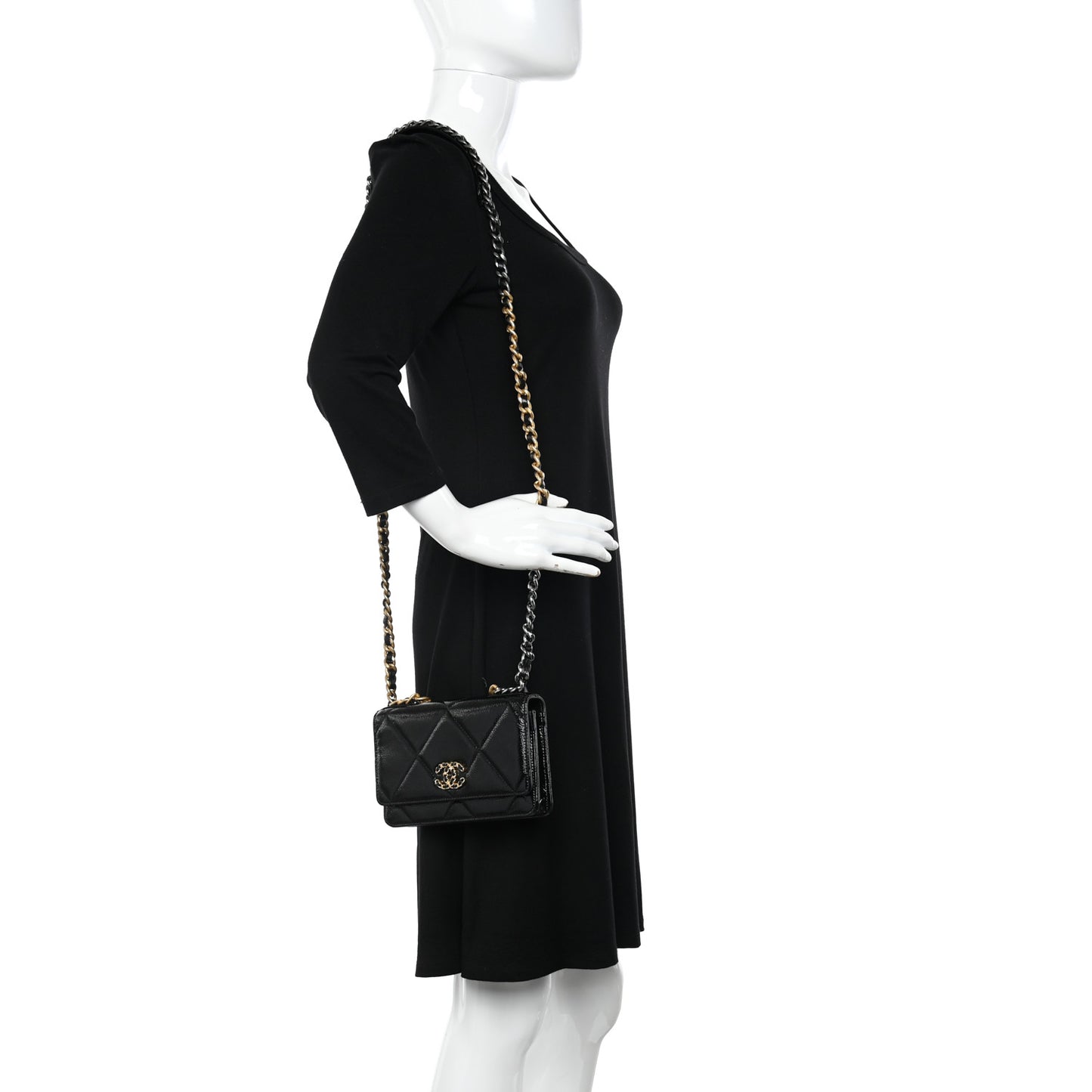 Shiny Crumpled Calfskin Quilted Chanel 19 Wallet On Chain WOC Black
