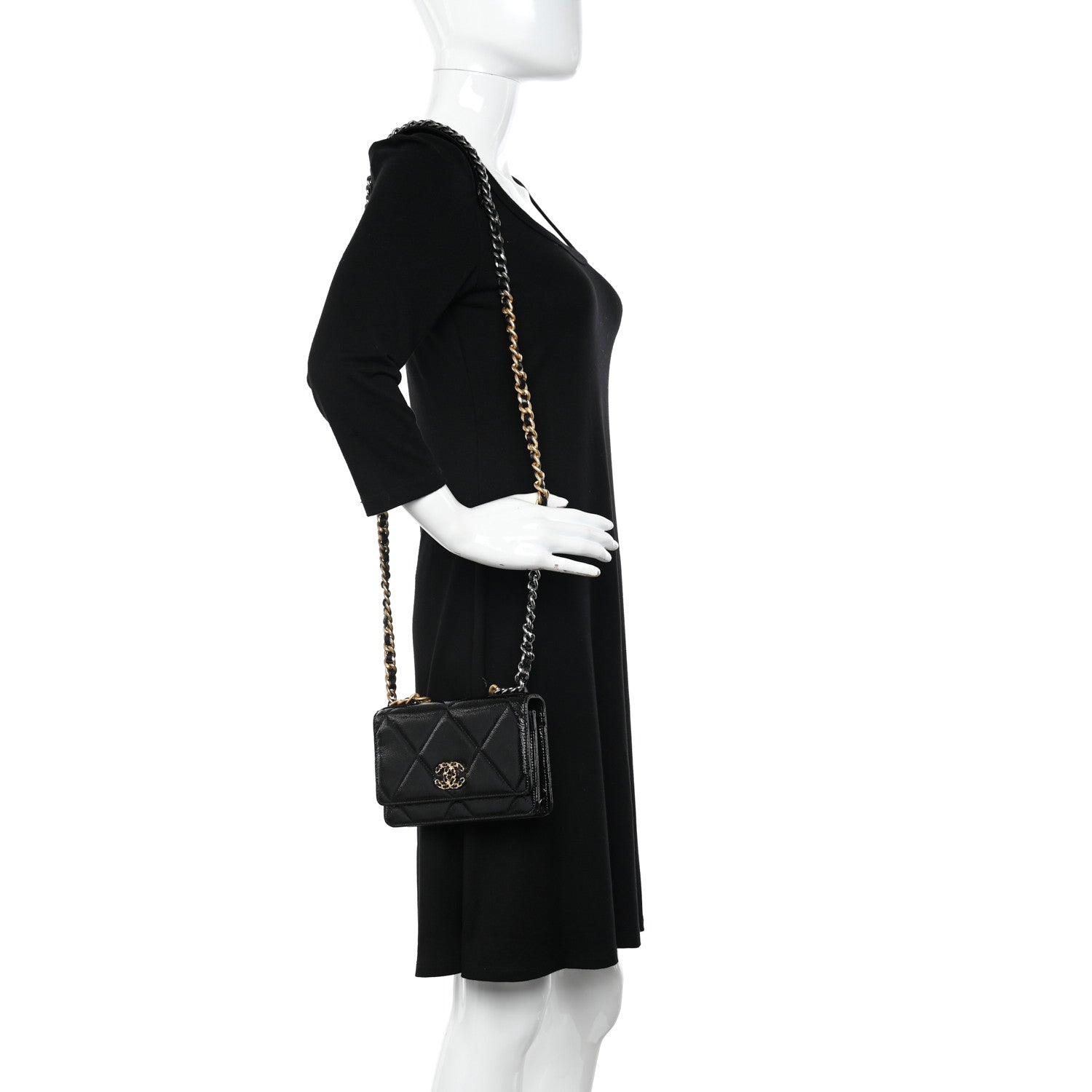 Chanel Shiny Crumpled Calfskin Quilted Chanel 19 Wallet On Chain WOC Black 2 of 14