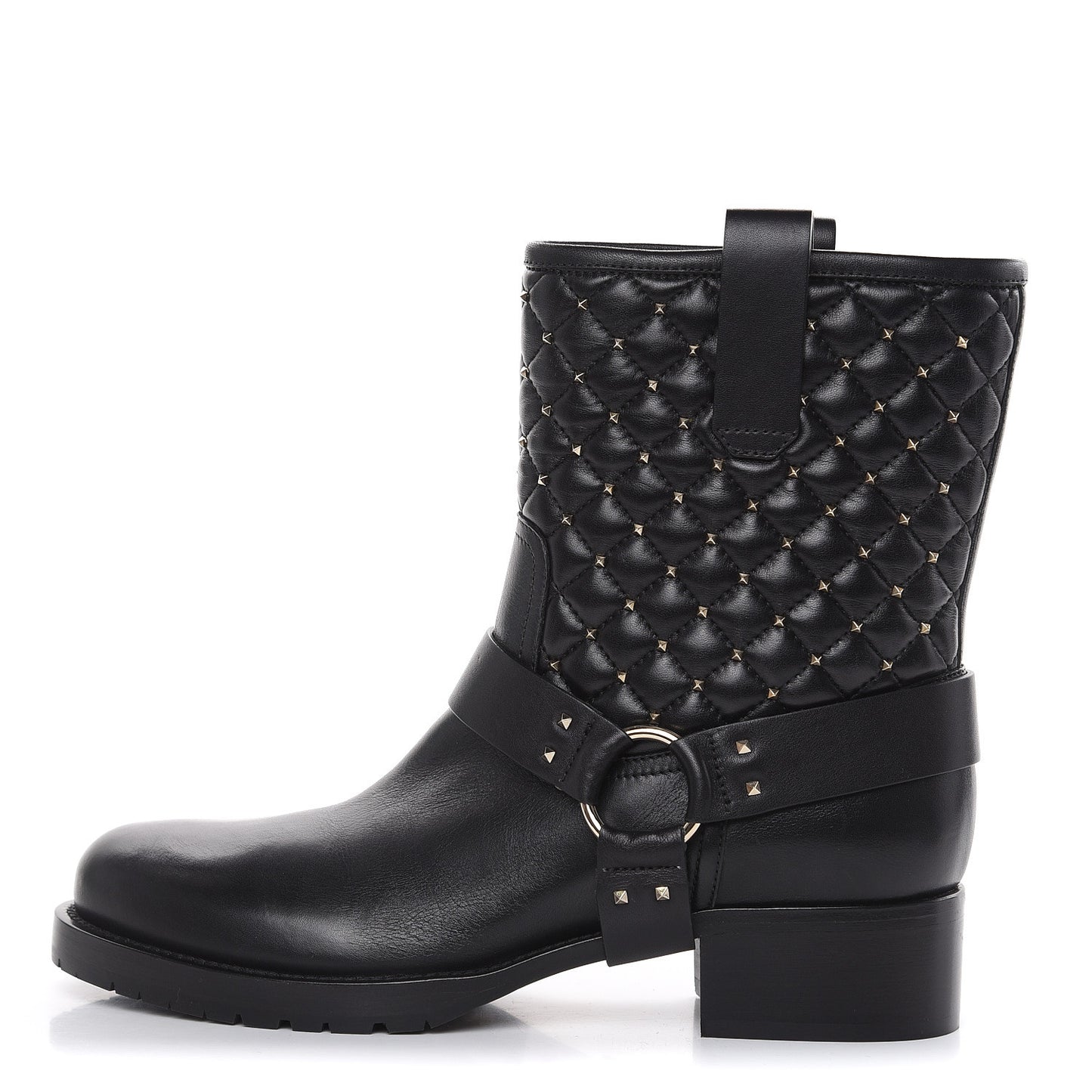 Calfskin Nappa Rockstud Spike 20mm Biker Boots 38 Black