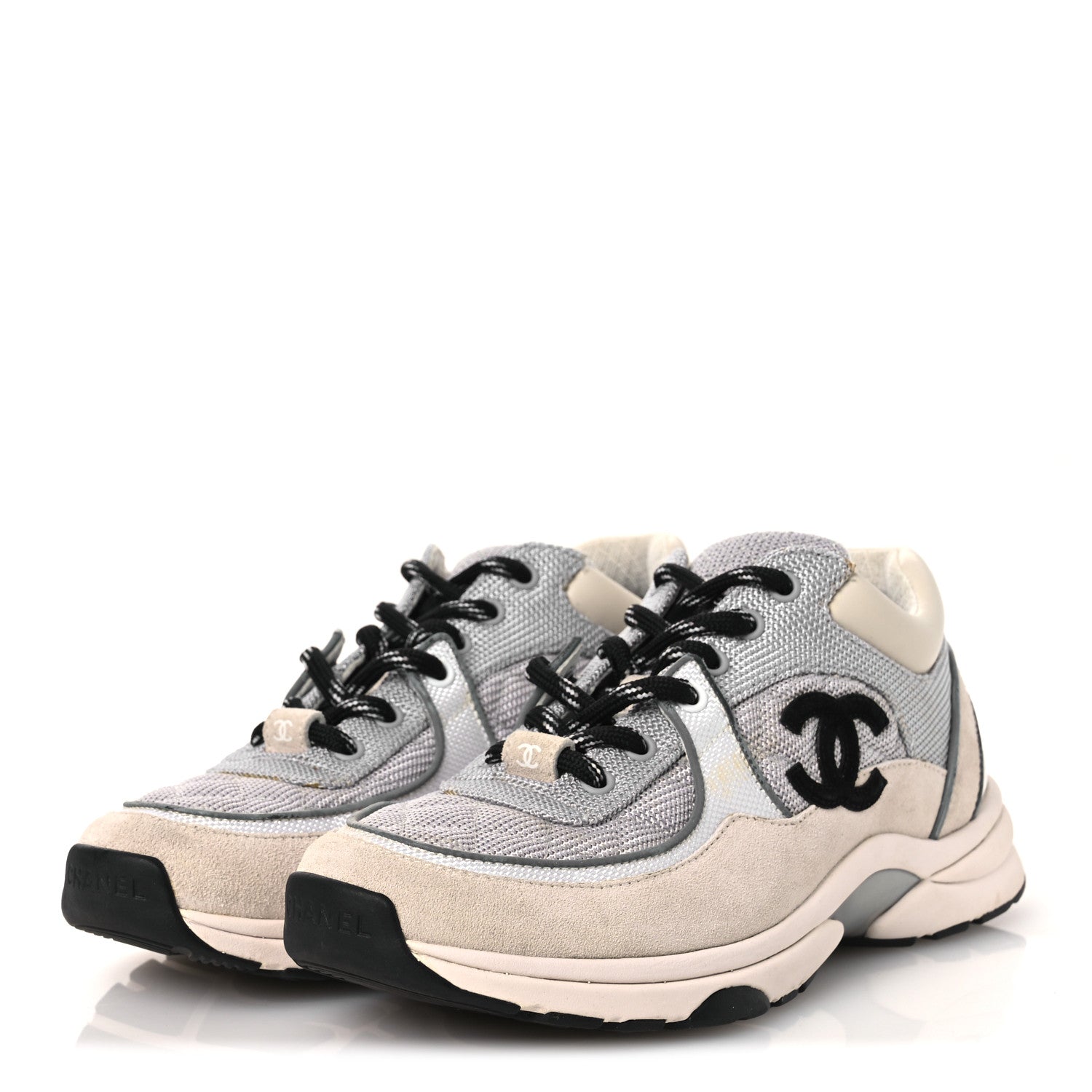 Chanel Mesh Suede Calfskin Grained Calfskin Womens CC Sneakers 37 Grey White 4 of 17
