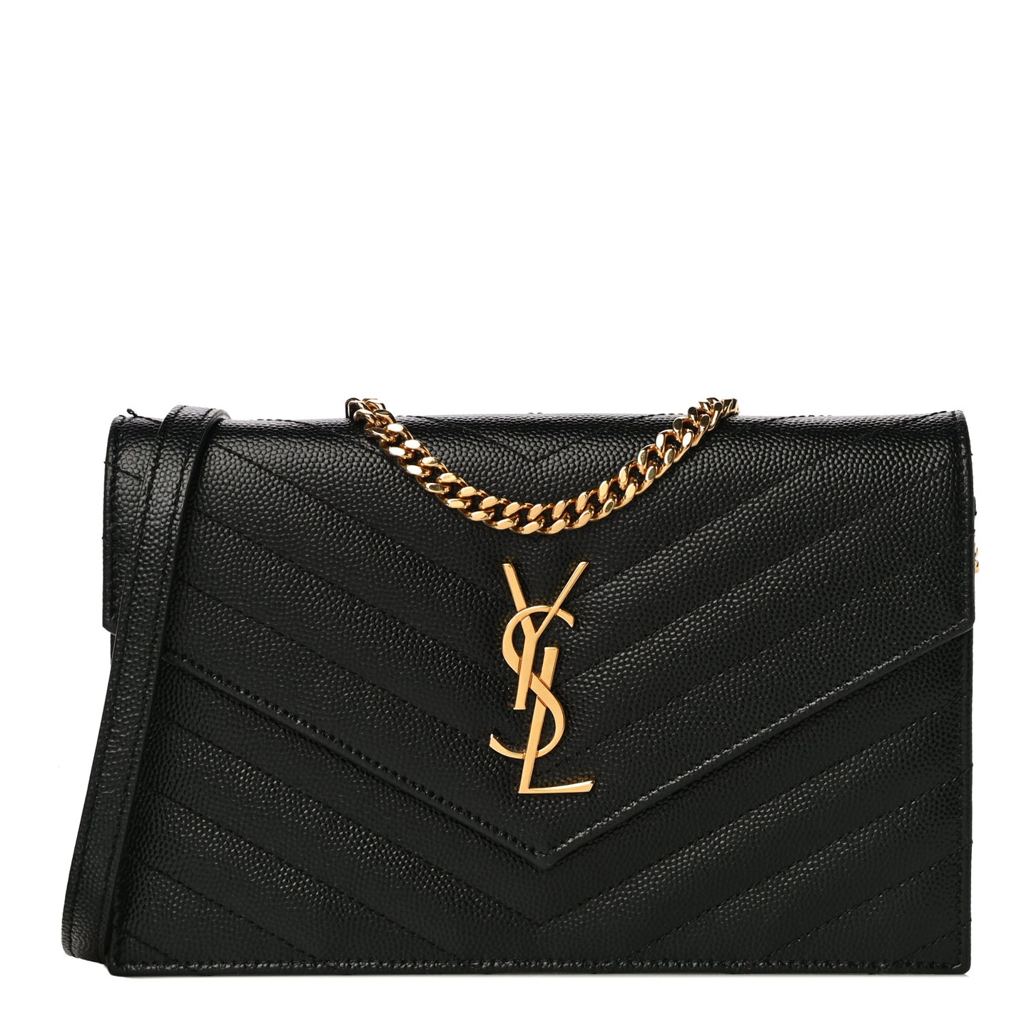 Grain De Poudre Matelasse Chevron Monogram Envelope Chain Wallet Black