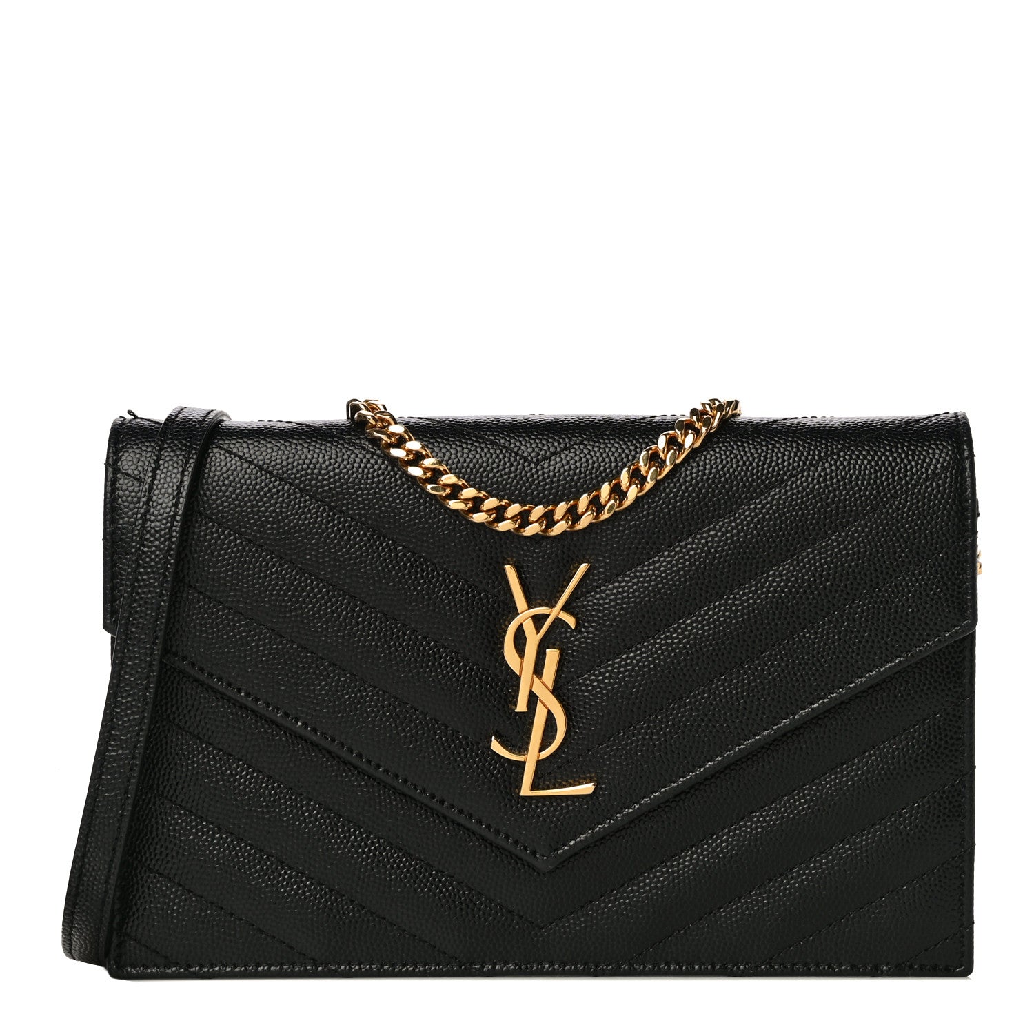 Saint Laurent Grain De Poudre Matelasse Chevron Monogram Envelope Chain Wallet Black 1 of 10