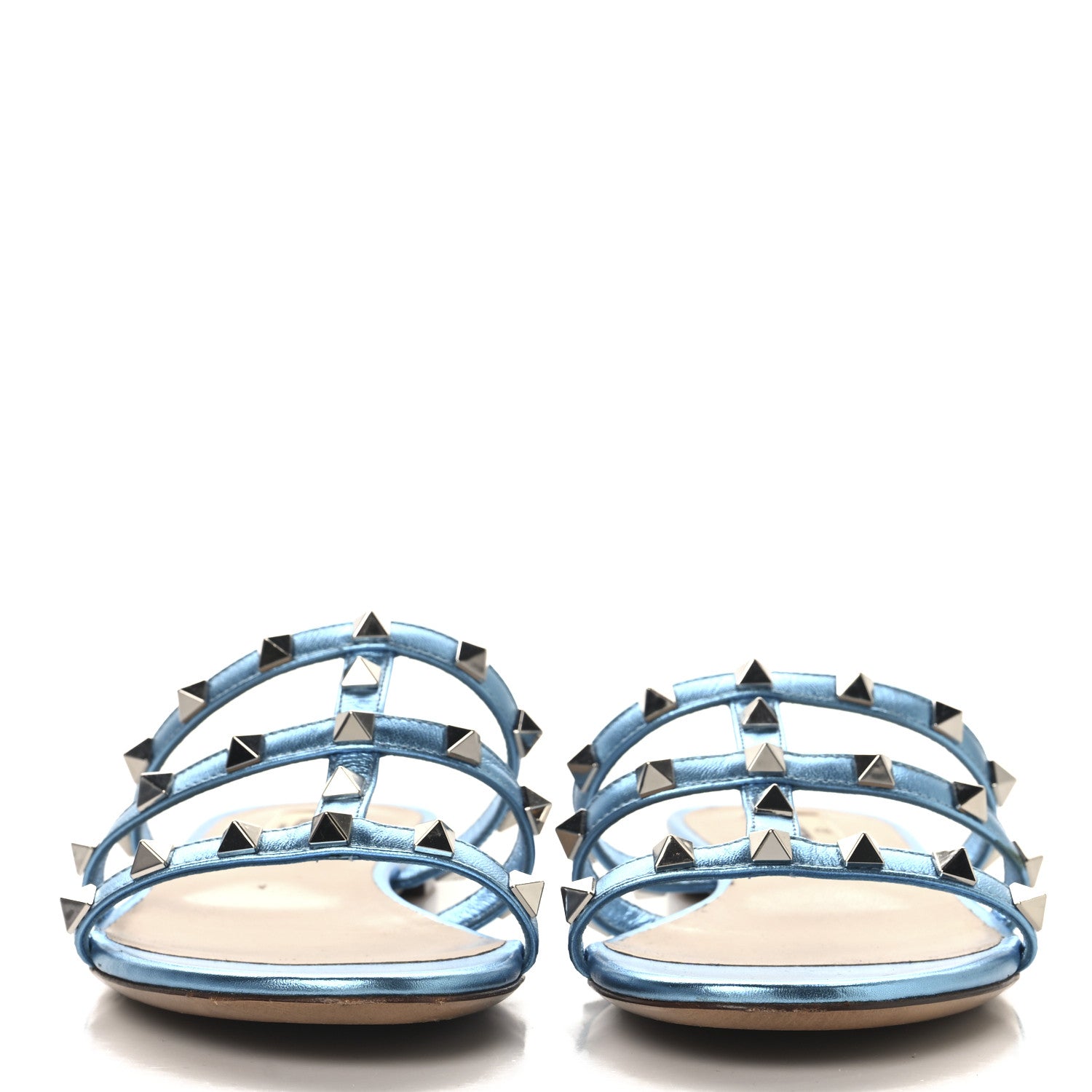 Valentino Garavani Metallic Nappa Rockstud Caged Flat Slide Sandals 37 Cerulean 3 of 11
