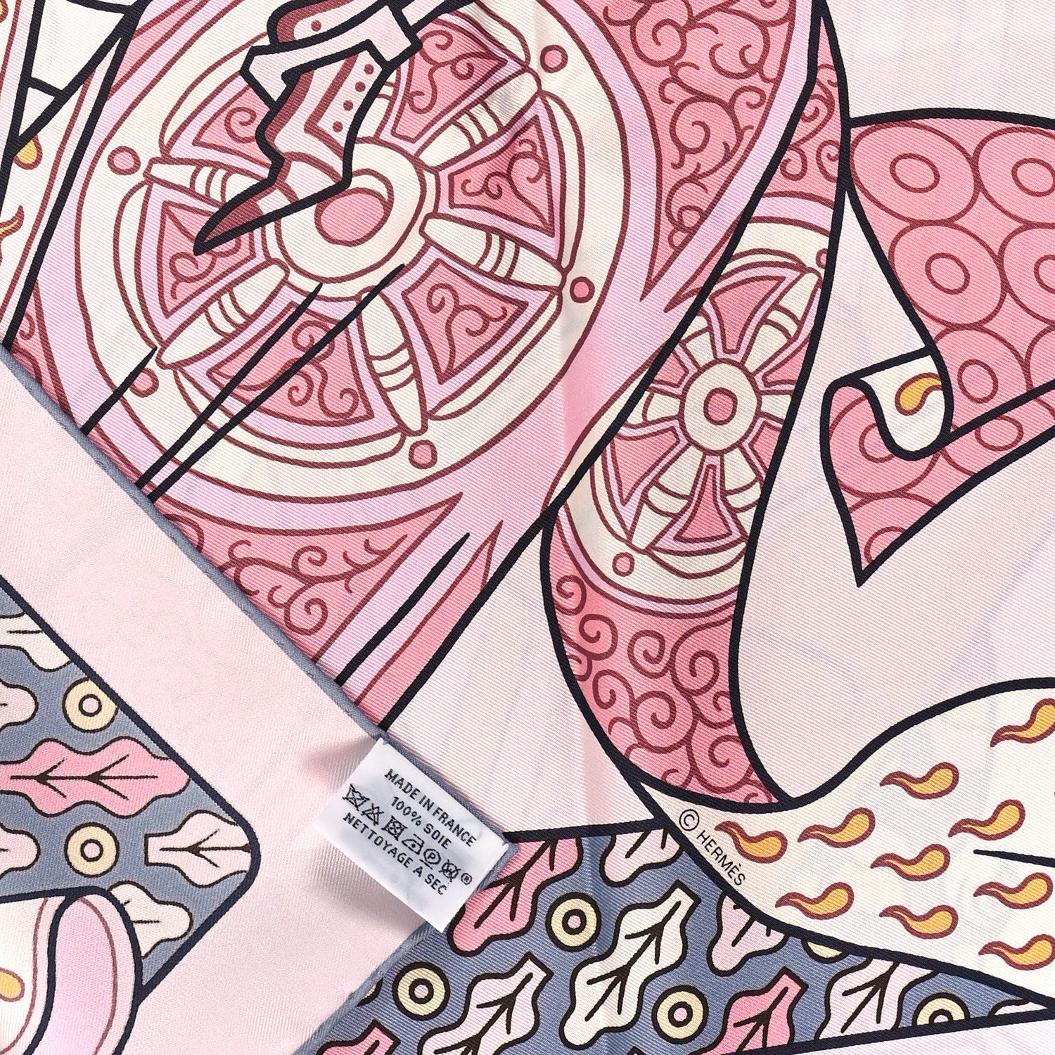 Hermes Silk Carre Duels Oniriques Scarf 90 Rose Pale Gris Jaune 3 of 3