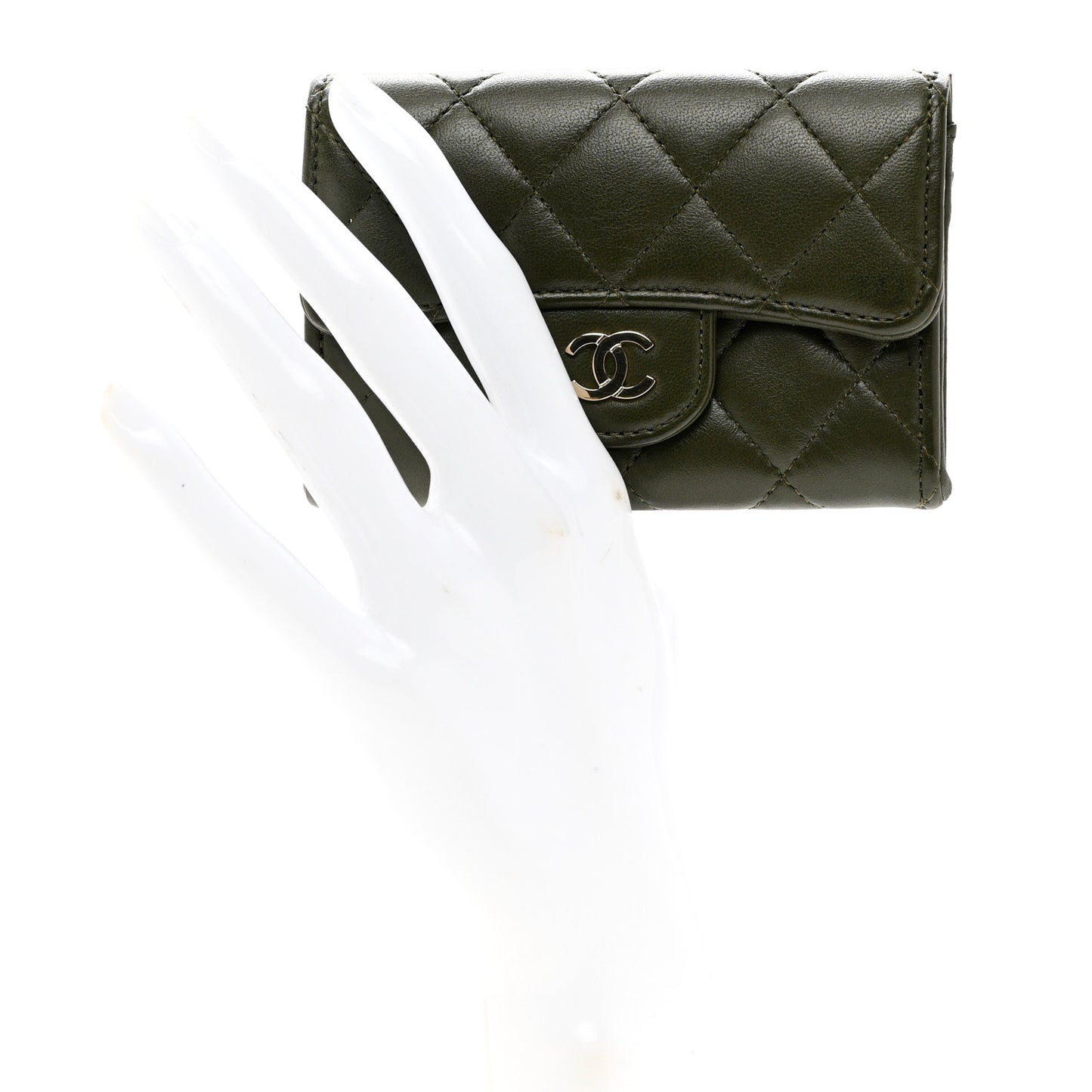 Lambskin Quilted Flap Card Holder Wallet Khaki