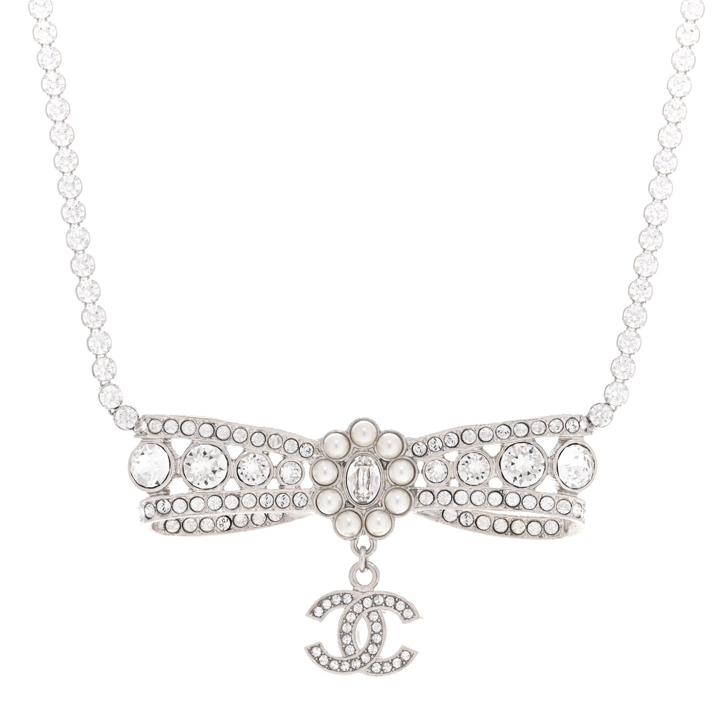 Crystal Pearl CC Bow Drop Necklace Silver