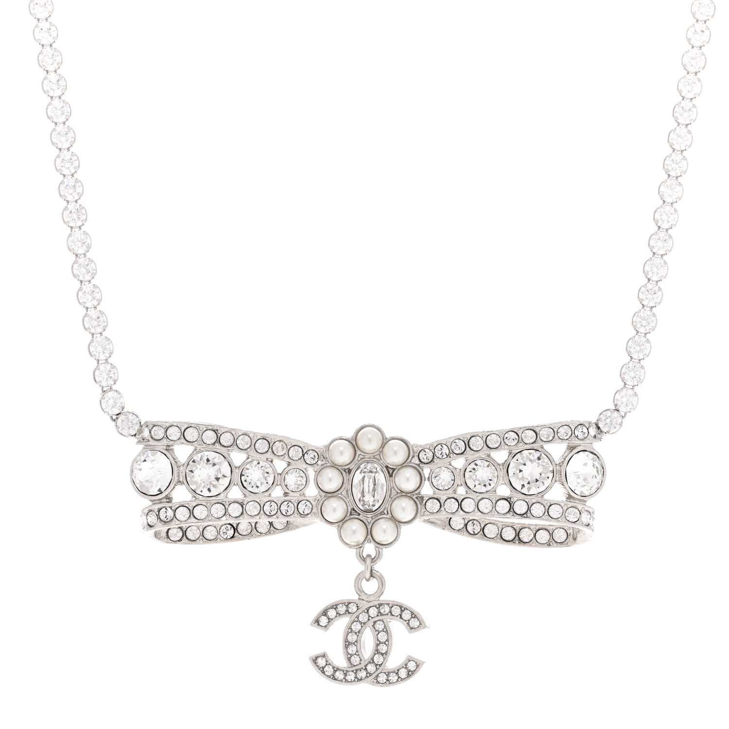 Chanel Crystal Pearl CC Bow Drop Necklace Silver 4 of 6