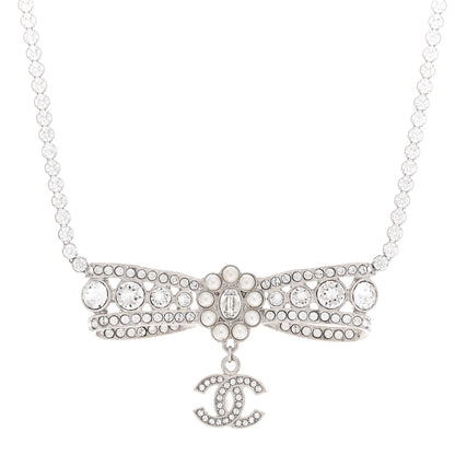 Chanel Crystal Pearl CC Bow Drop Necklace Silver 4 of 6