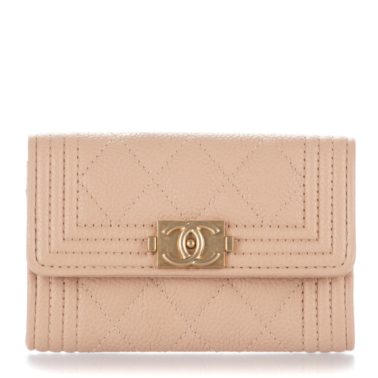 Caviar Quilted Boy Card Holder Wallet Beige Clair