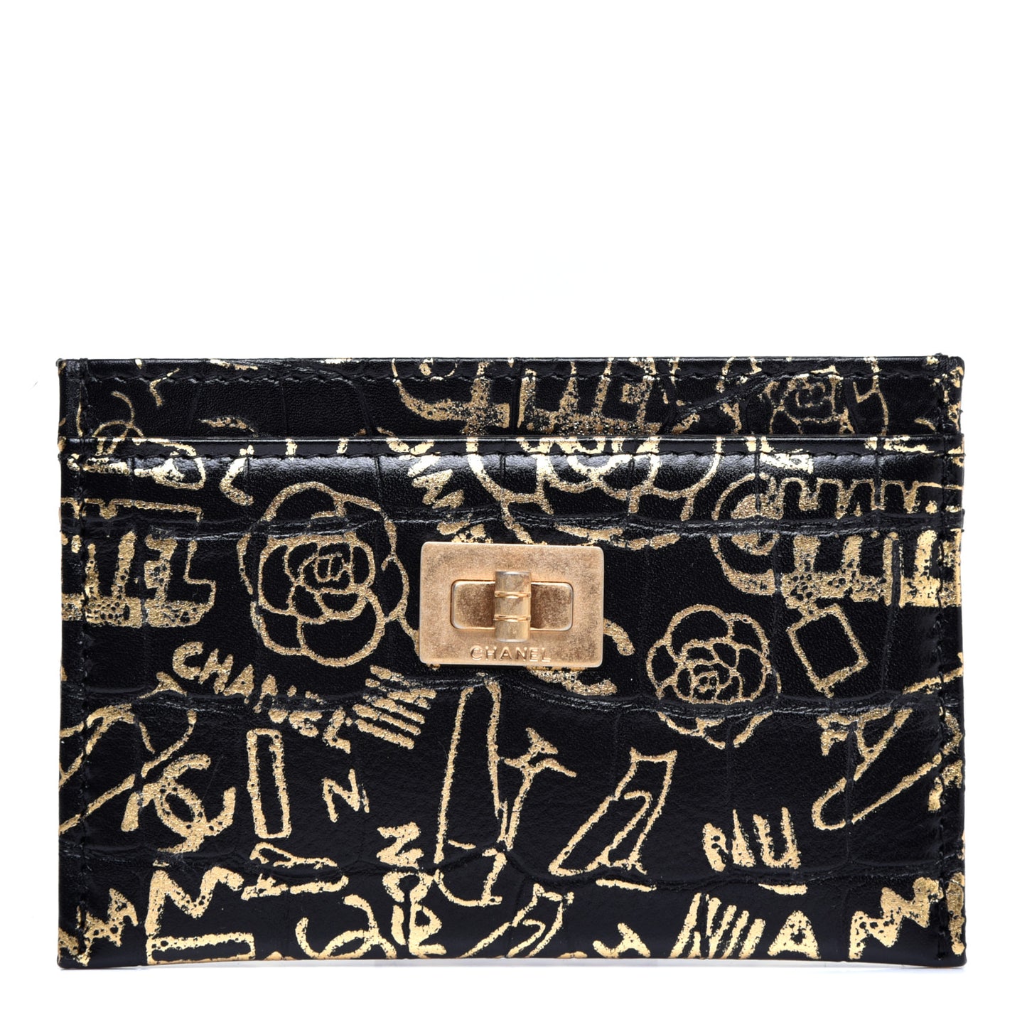 Calfskin Crocodile Embossed Graffiti 2.55 Cocodile Reissue Card Holder Black Gold