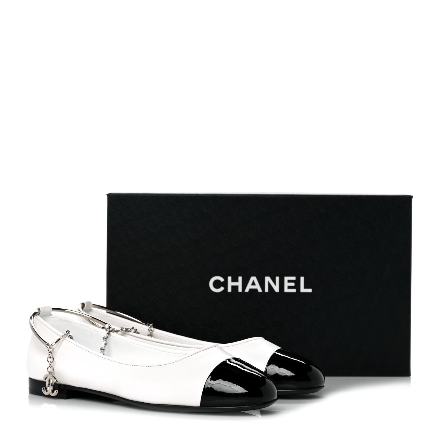 Chanel Lambskin Patent Calfskin Cap Toe Ankle Chain Ballerina Flats 36.5 White Black 9 of 9