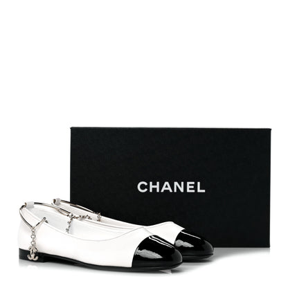 Chanel Lambskin Patent Calfskin Cap Toe Ankle Chain Ballerina Flats 36.5 White Black 9 of 9