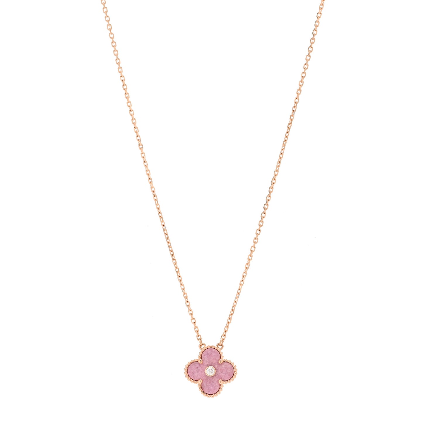 18K Rose Gold Diamond Rhodonite Vintage Alhambra Pendant Necklace
