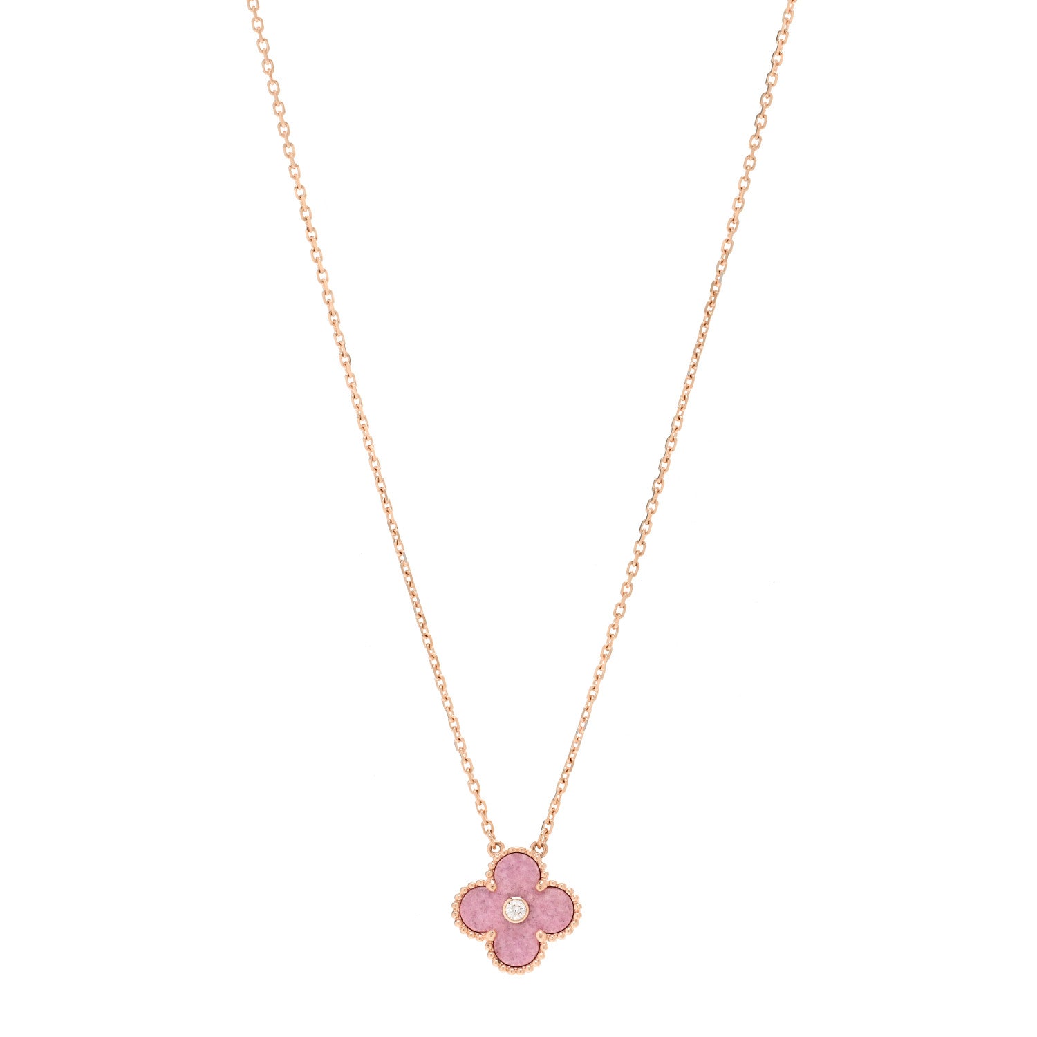 Van Cleef & Arpels 18K Rose Gold Diamond Rhodonite Vintage Alhambra Pendant Necklace 1 of 6