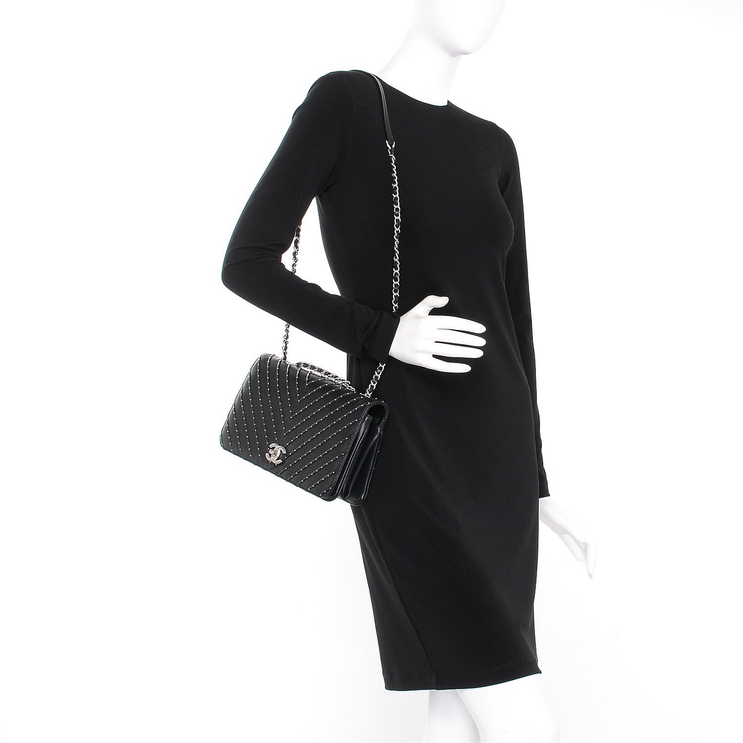 Chanel Calfskin Studded Chevron Quilted Flap Black 2 of 7