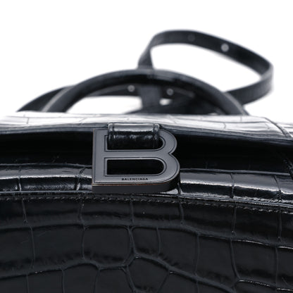 Balenciaga Shiny Calfskin Monochrome Crocodile Embossed Small Hourglass Top Handle Bag Black 12 of 14
