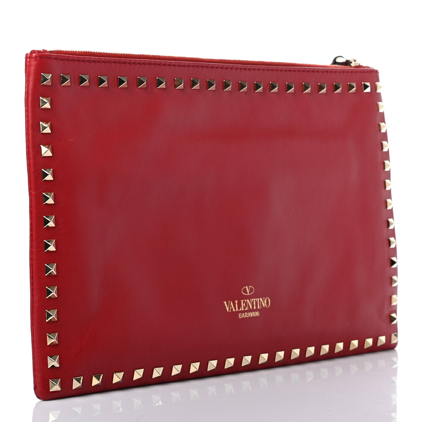 Vitello Large Rockstud Zip Wristlet Pouch Rosso Valentino