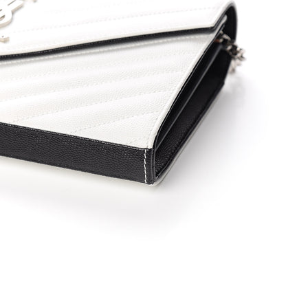 Saint Laurent Grain De Poudre Matelasse Bi-Color Chevron Monogram Chain Wallet White Black 8 of 10